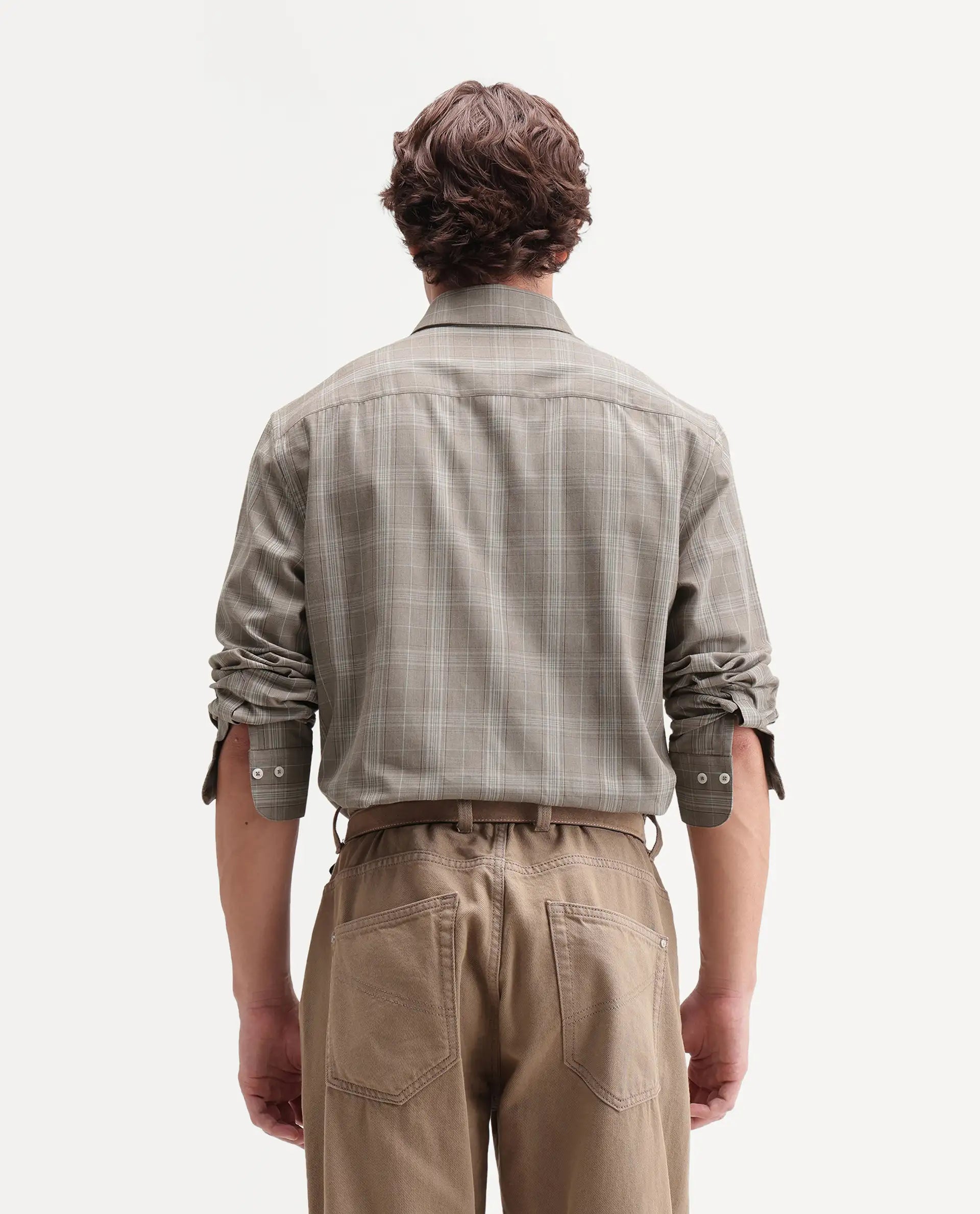 Rare Rabbit Men's Toko Beige Cotton Spread Collar Regular Checked Shirt