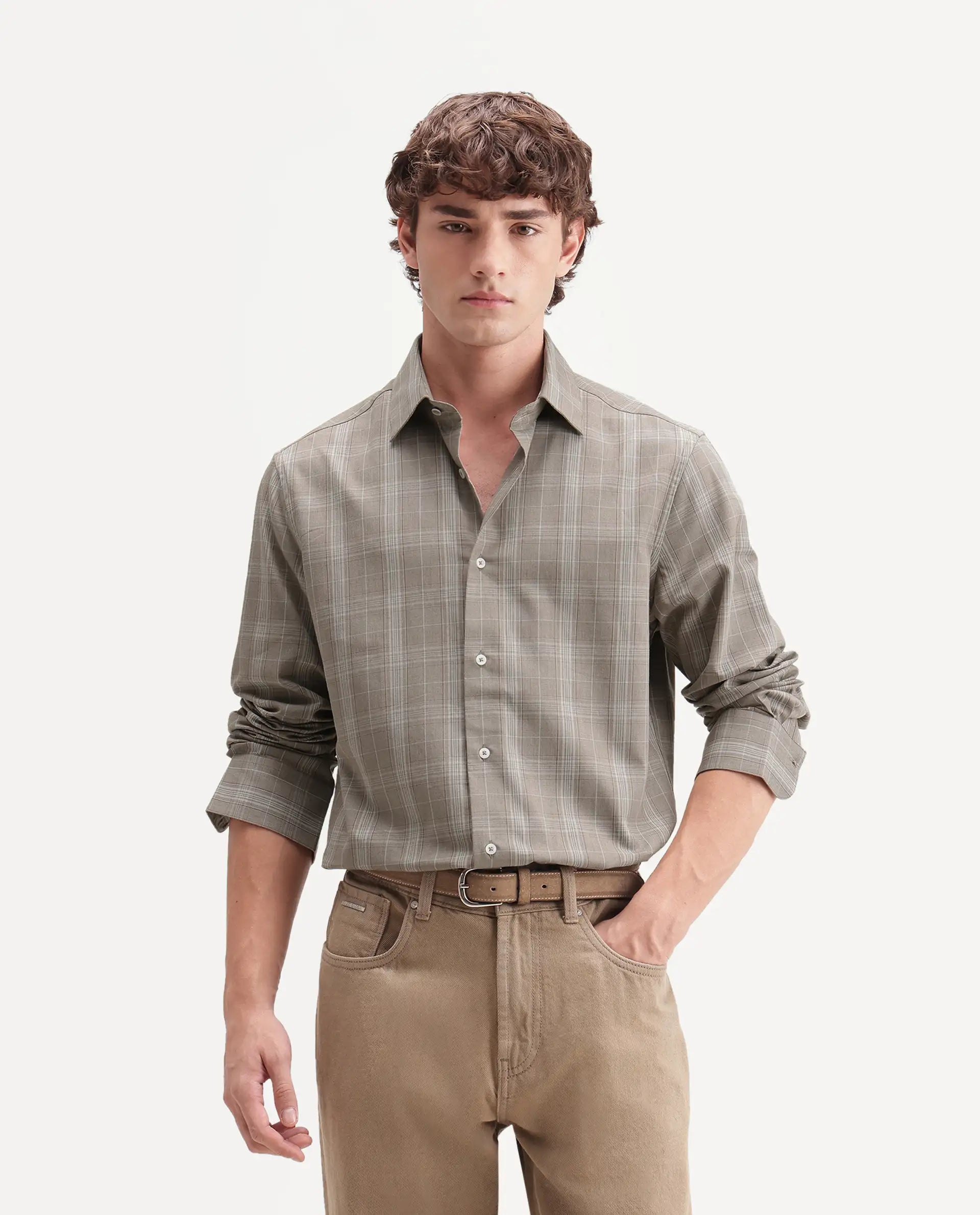 Rare Rabbit Men's Toko Beige Cotton Spread Collar Regular Checked Shirt