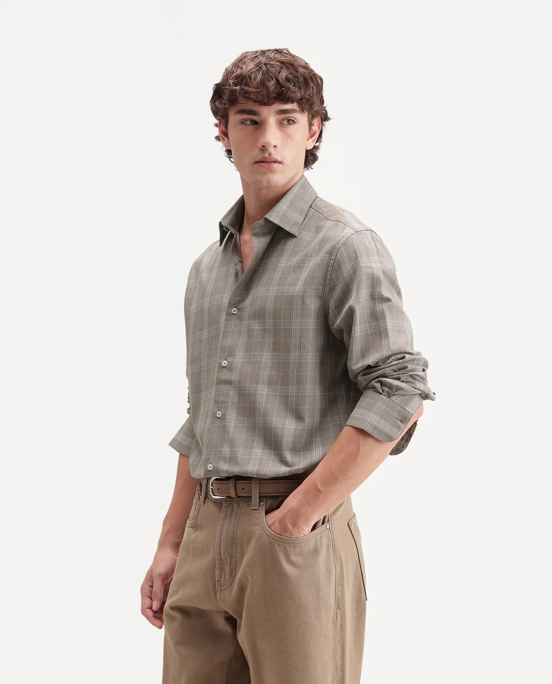 Rare Rabbit Men's Toko Beige Cotton Spread Collar Regular Checked Shirt
