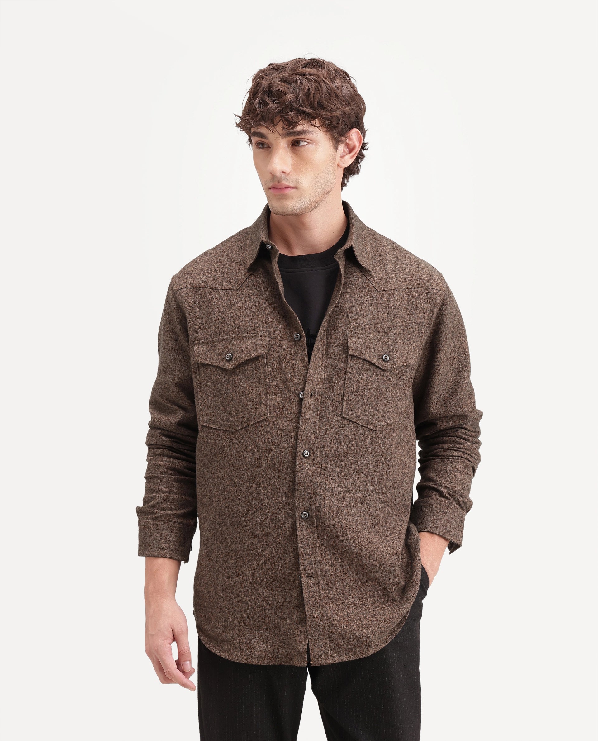 Rare Rabbit Men's Plum Dusky Orange Cotton Spread Collar Regular Plain Shirt