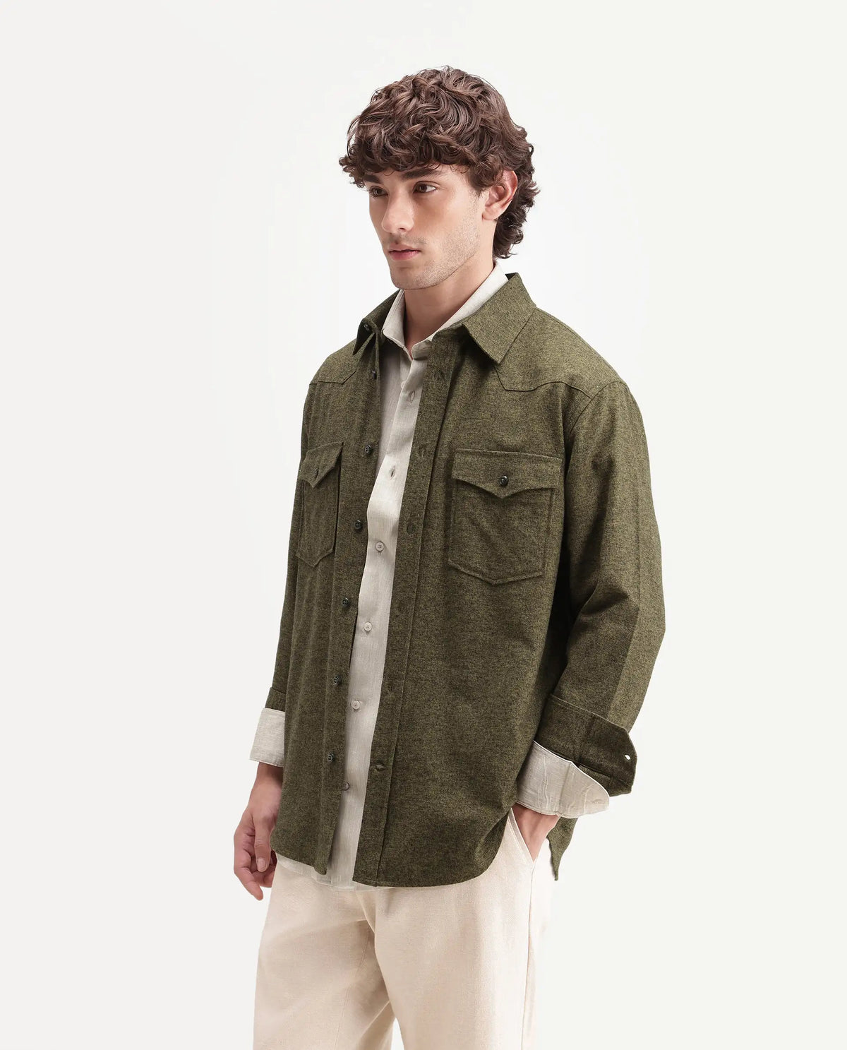Rare Rabbit Men's Plum Dusky Green Cotton Spread Collar Regular Plain Shirt