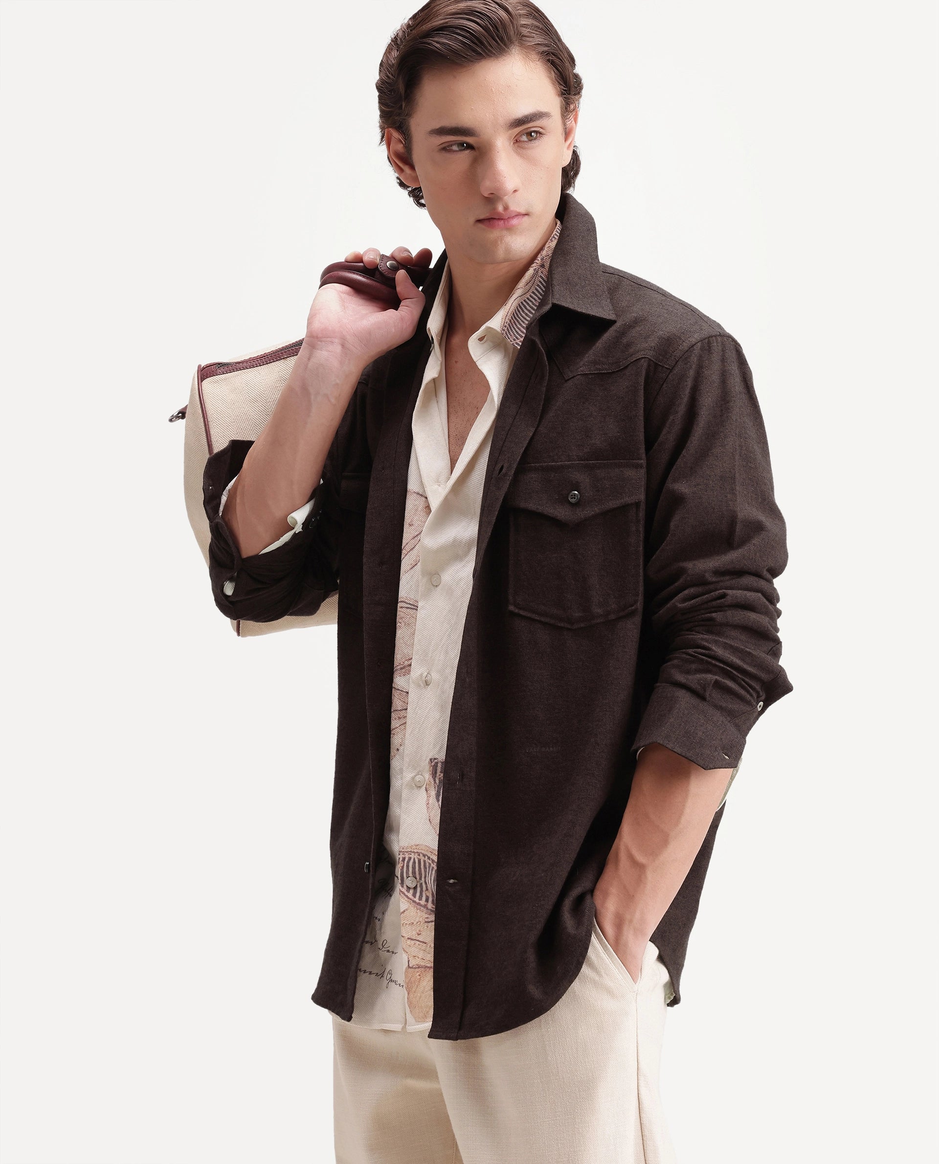 Rare Rabbit Men's Plum Dusky Brown Cotton Spread Collar Regular Plain Shirt