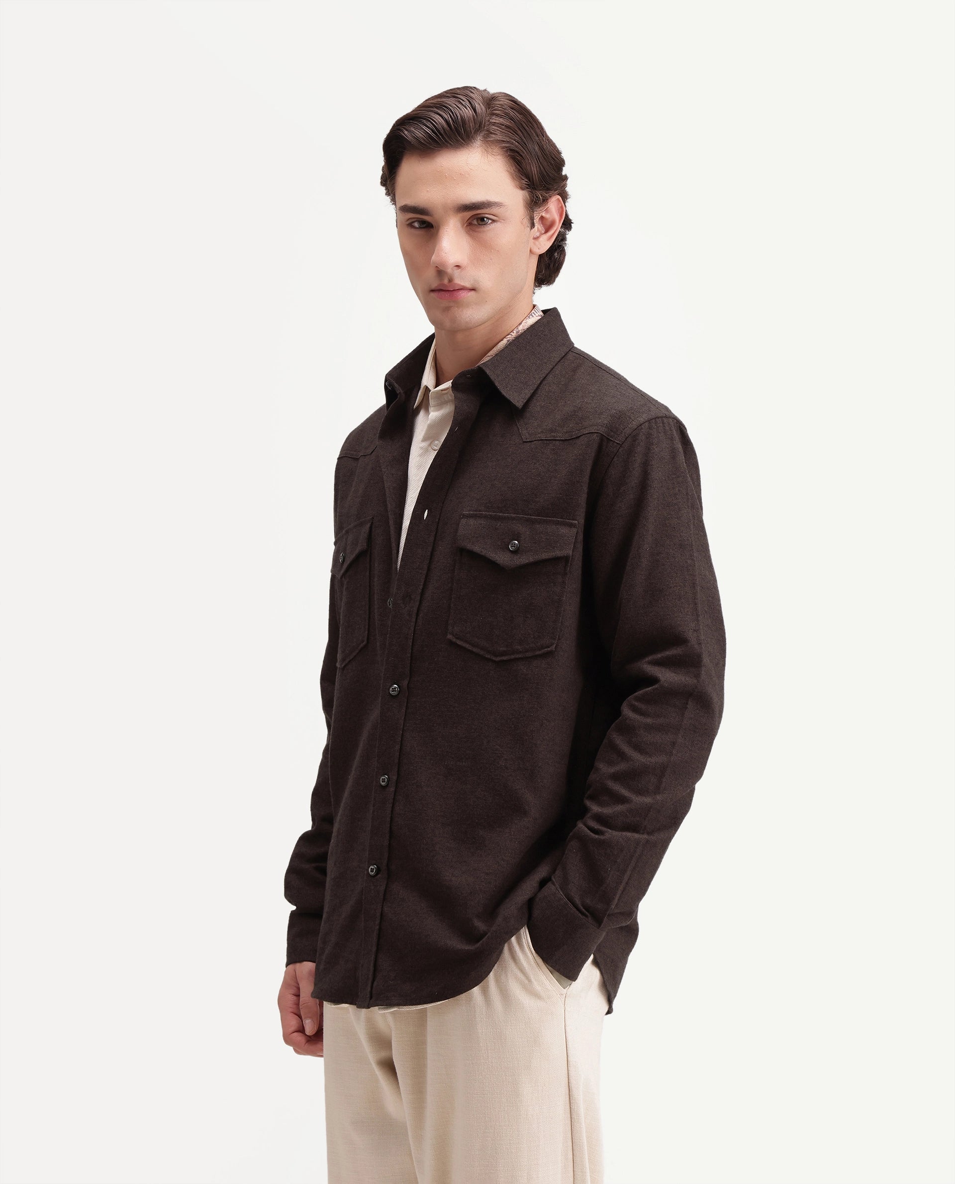 Rare Rabbit Men's Plum Dusky Brown Cotton Spread Collar Regular Plain Shirt