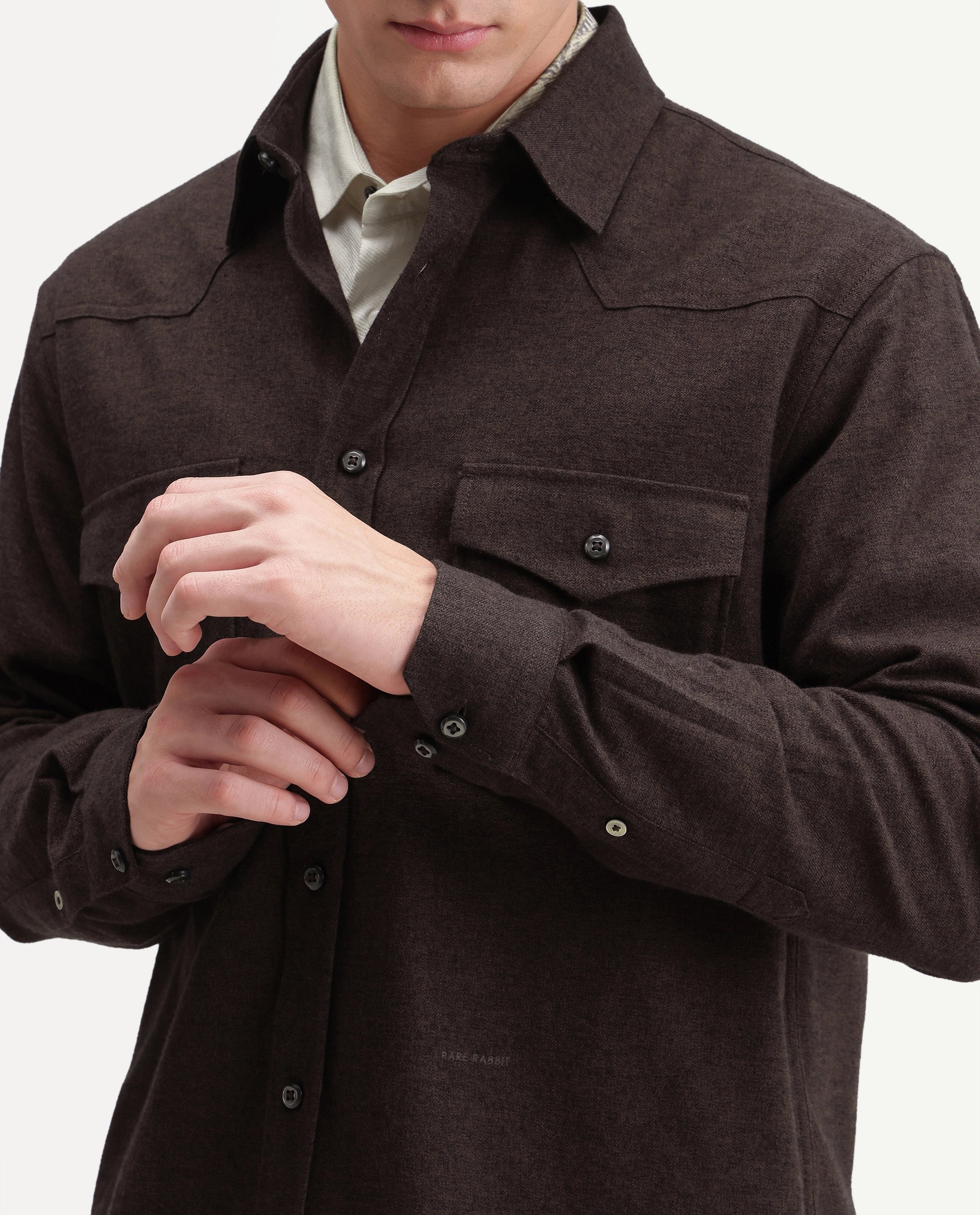 Rare Rabbit Men's Plum Dusky Brown Cotton Spread Collar Regular Plain Shirt