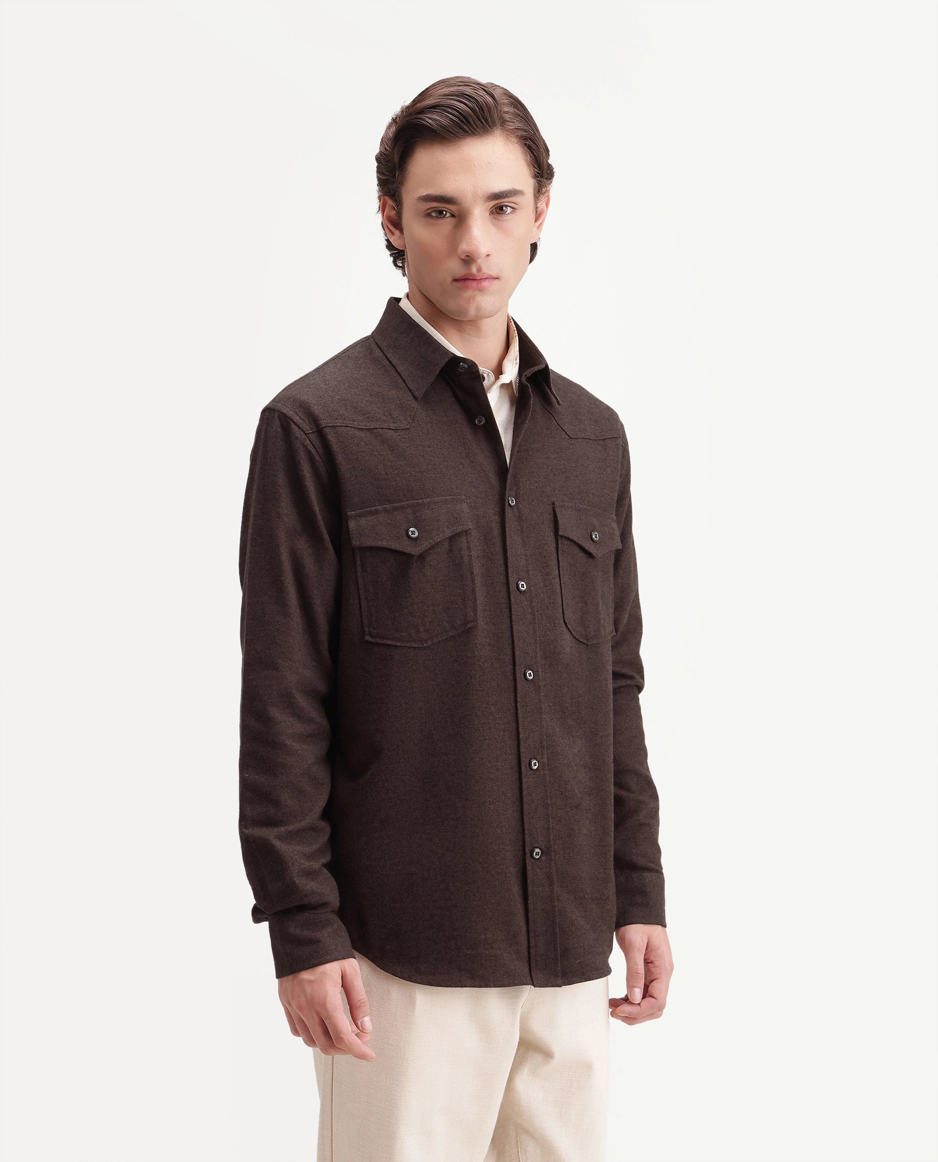 Rare Rabbit Men's Plum Dusky Brown Cotton Spread Collar Regular Plain Shirt