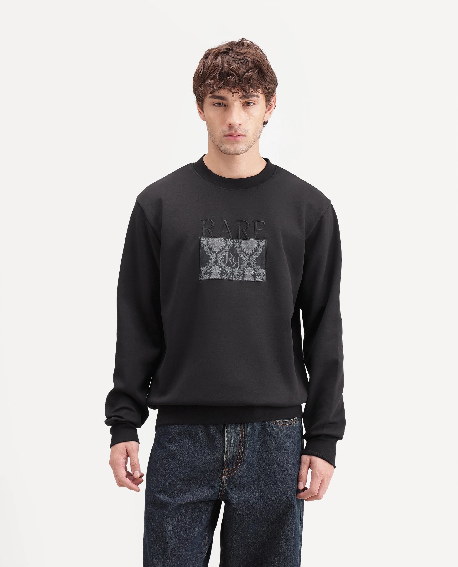 Rare Rabbit Men's Deber Black Cotton Blend Crew Neck Regular Graphic Print Sweatshirt