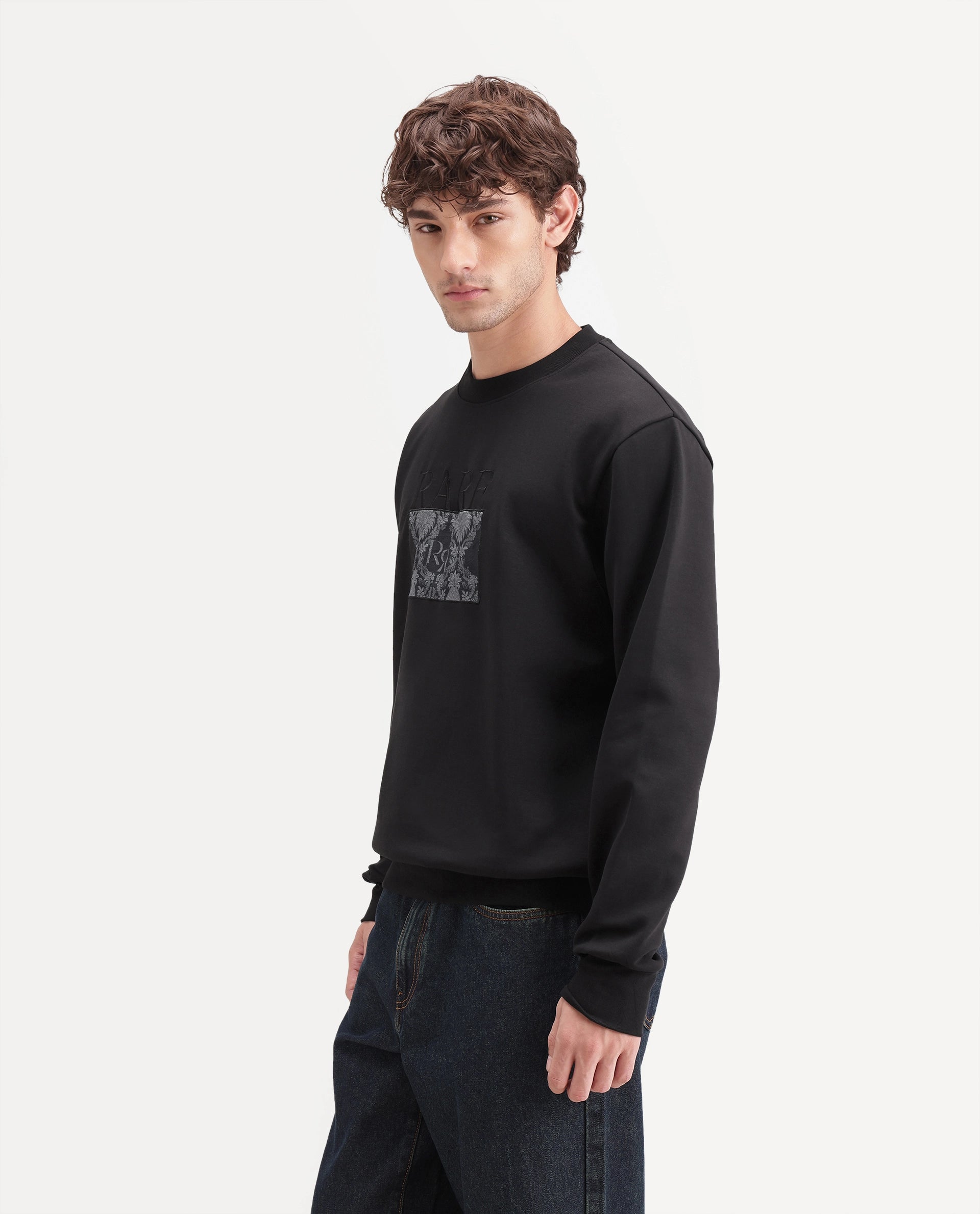 Rare Rabbit Men's Deber Black Cotton Blend Crew Neck Regular Graphic Print Sweatshirt