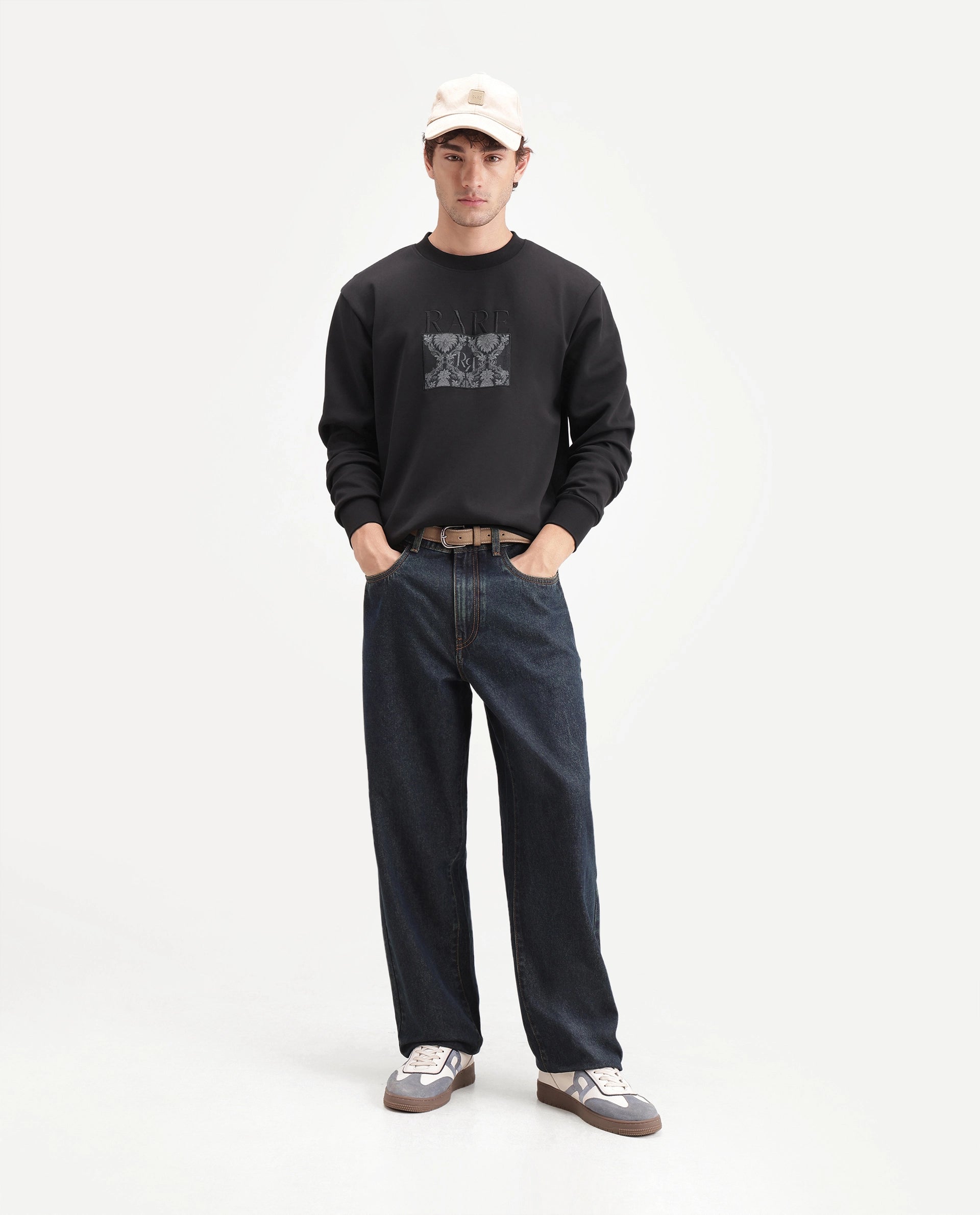 Rare Rabbit Men's Deber Black Cotton Blend Crew Neck Regular Graphic Print Sweatshirt