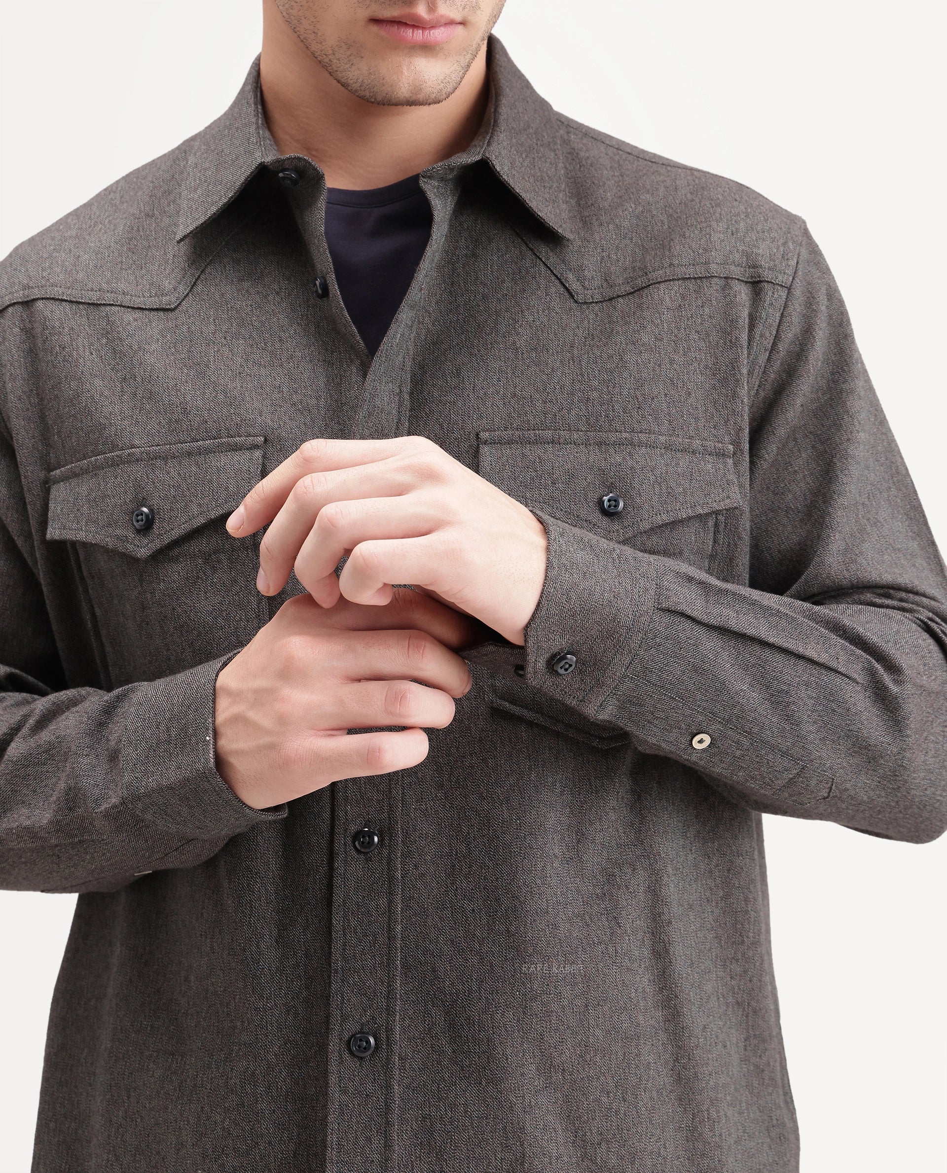 Rare Rabbit Men's Plum Green Cotton Spread Collar Regular Plain Shirt