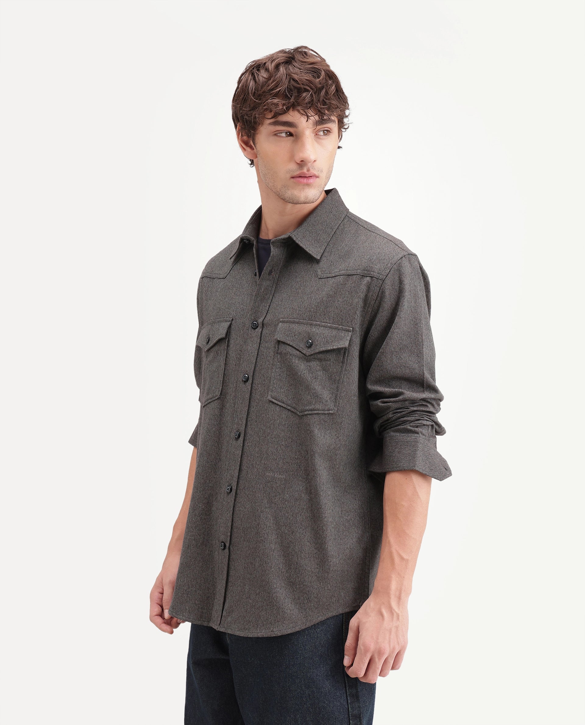 Rare Rabbit Men's Plum Green Cotton Spread Collar Regular Plain Shirt