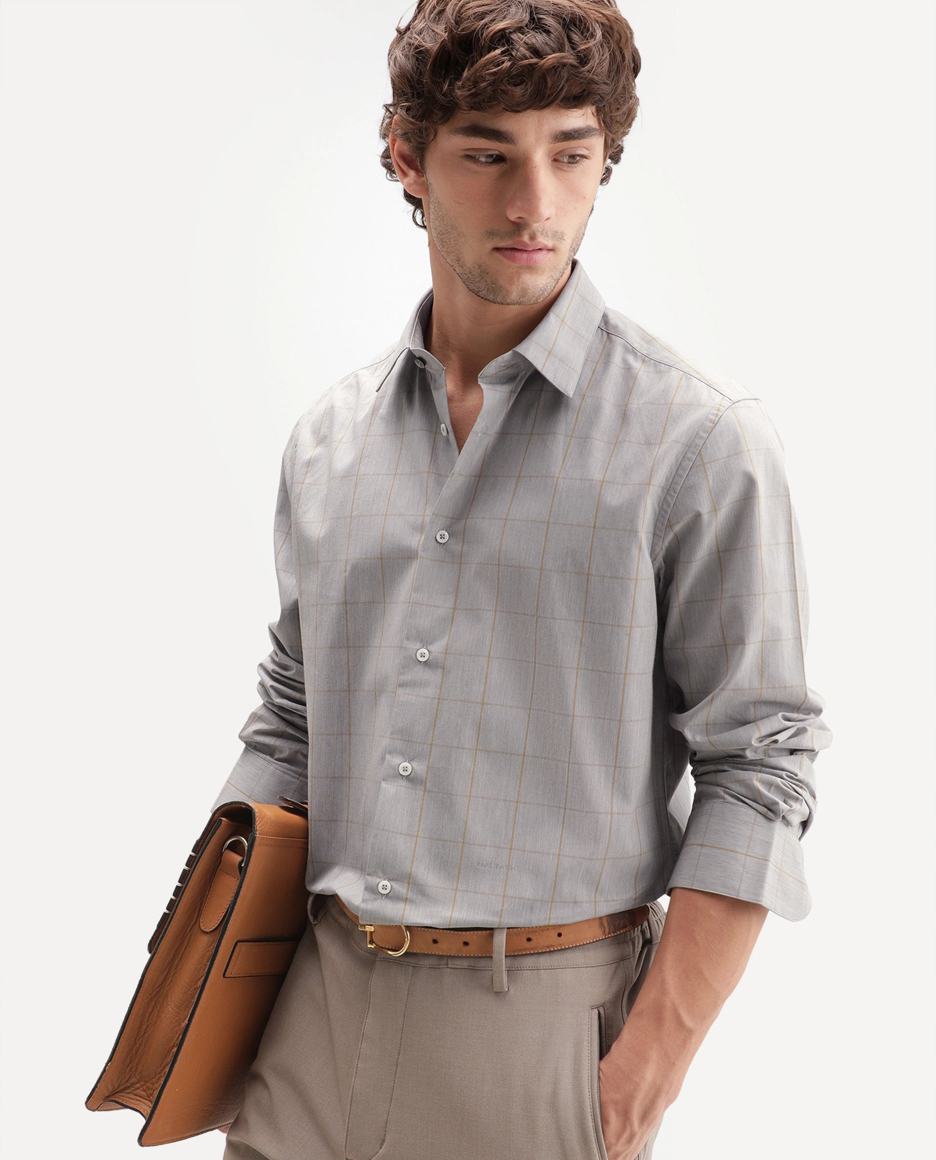 Rare Rabbit Men's Fate Grey Cotton Spread Collar Regular Checked Shirt