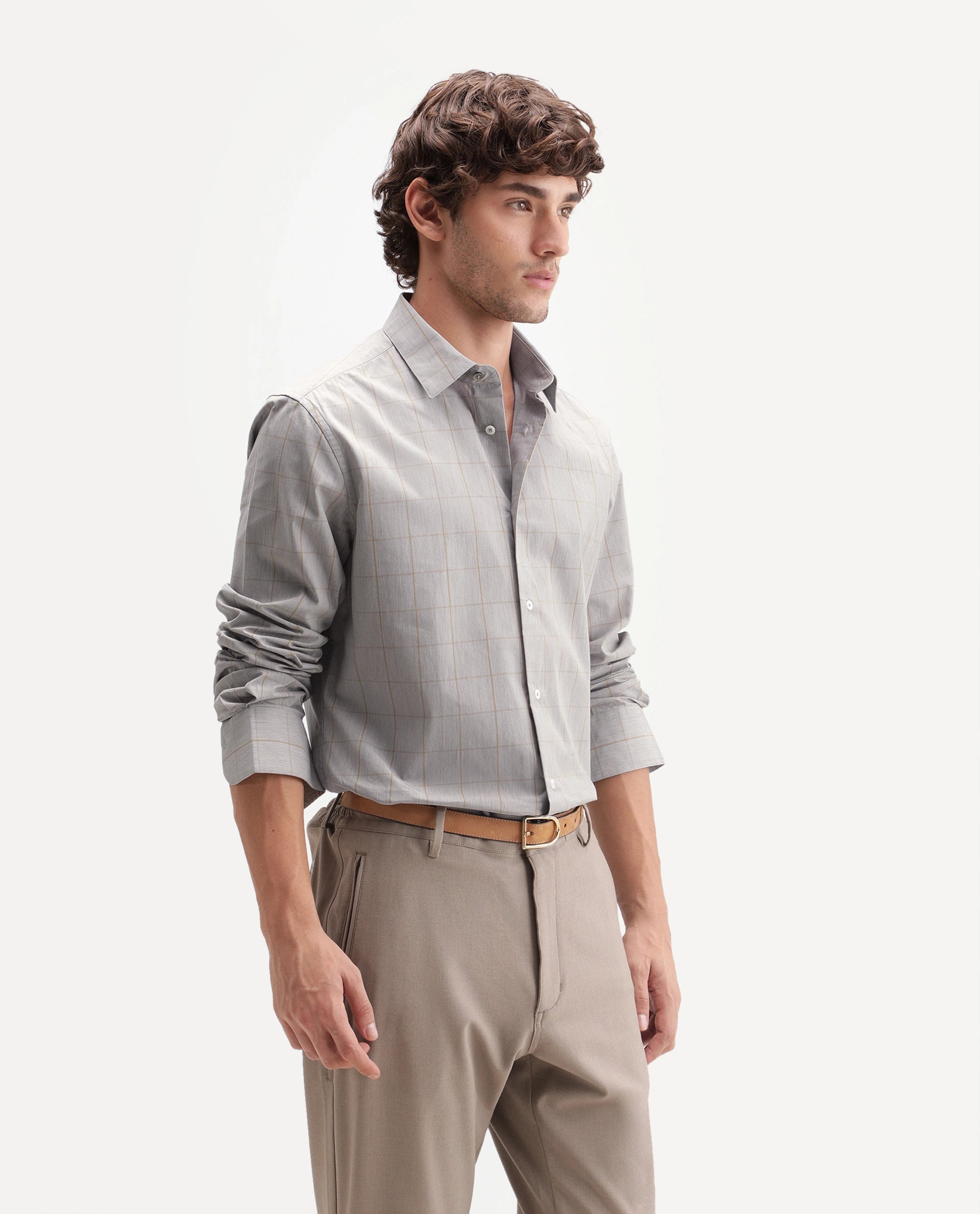 Rare Rabbit Men's Fate Grey Cotton Spread Collar Regular Checked Shirt