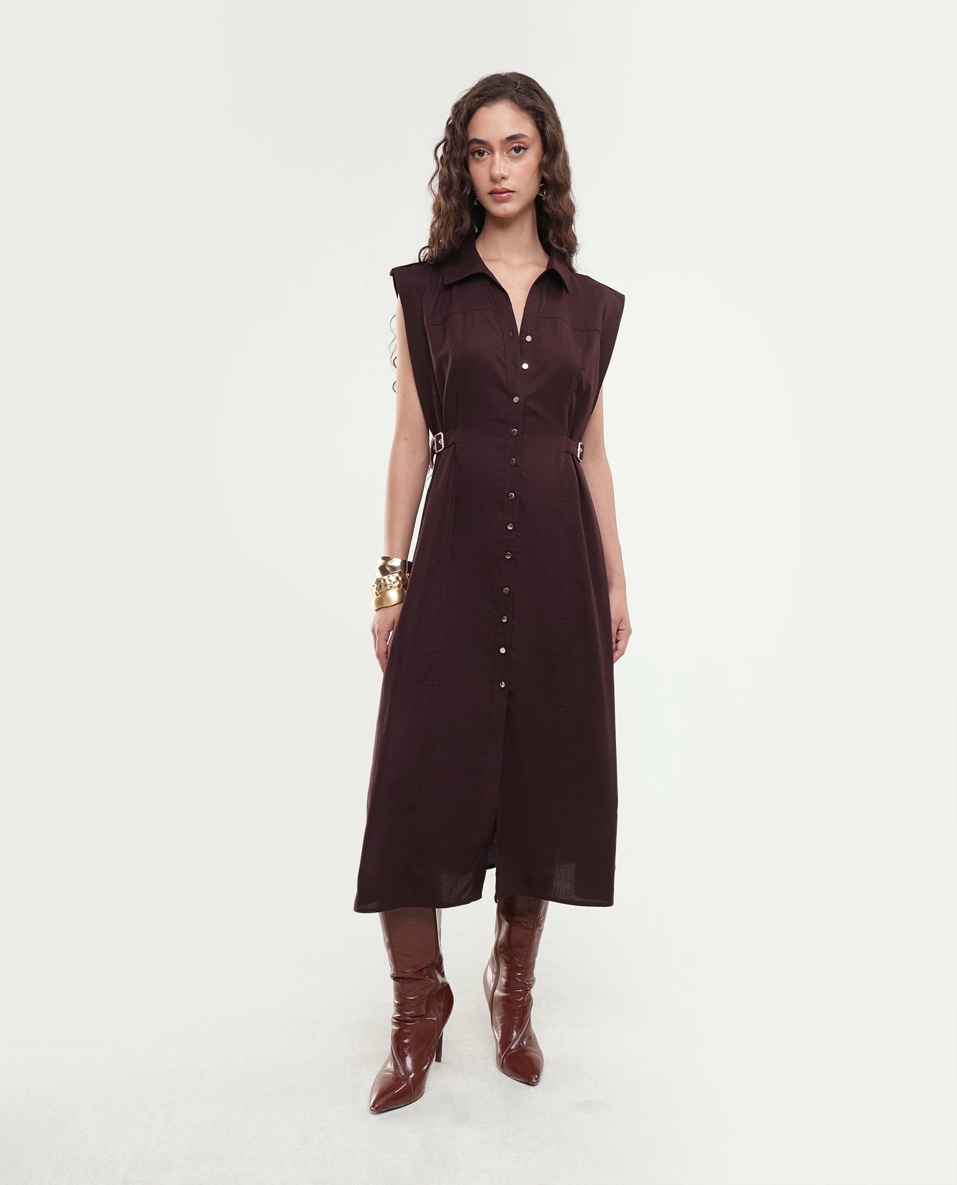 Rareism Women's Yorgo Brown Cotton Button Fit And Flare Plain Dress