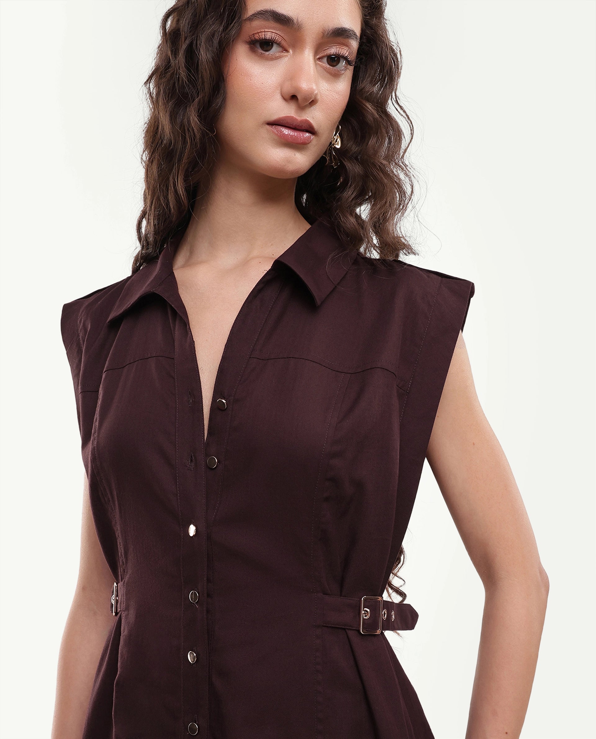 Rareism Women's Yorgo Brown Cotton Button Fit And Flare Plain Dress
