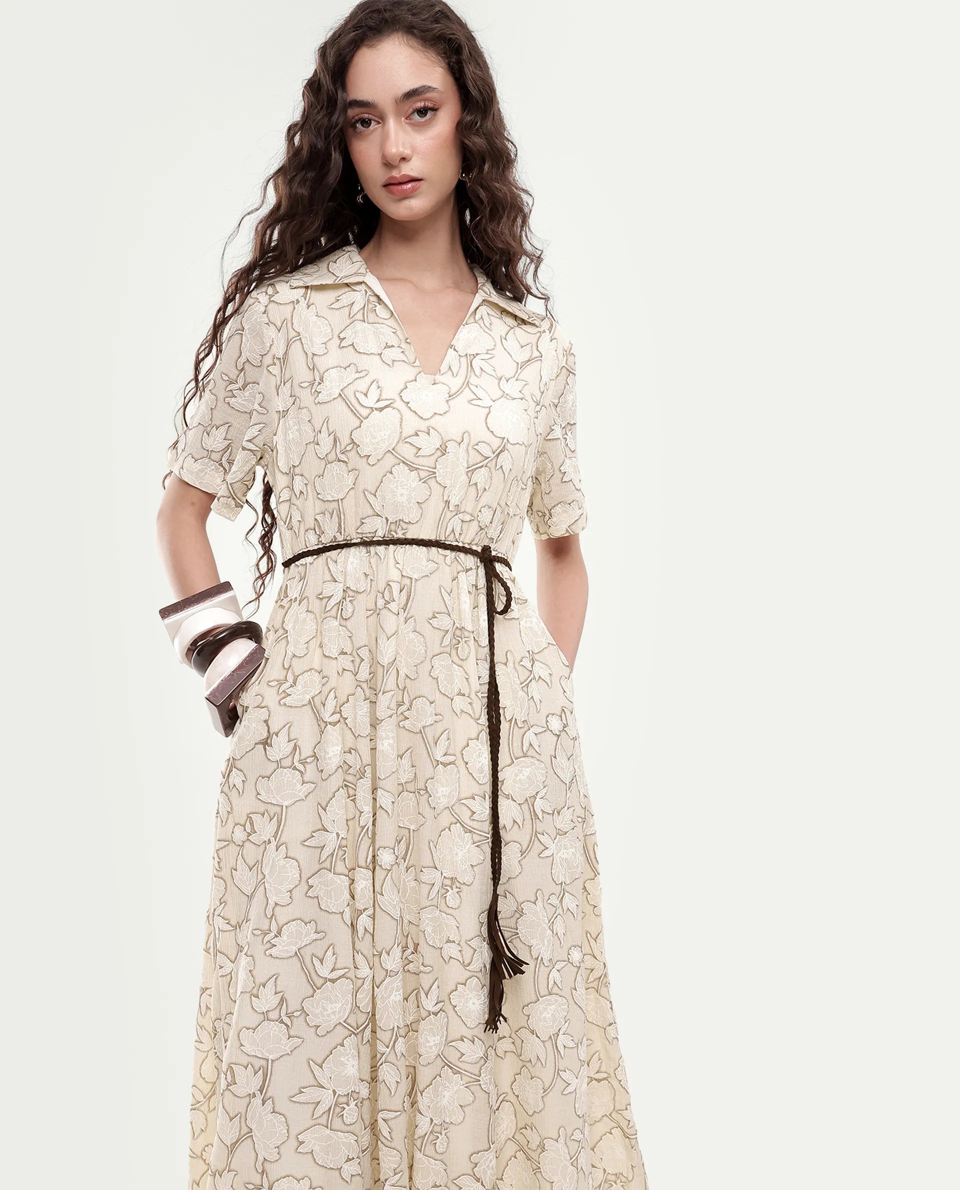 Rareism Women's Yetto Off White Viscose Blend Elastic Fit And Flare Puff Print Dress