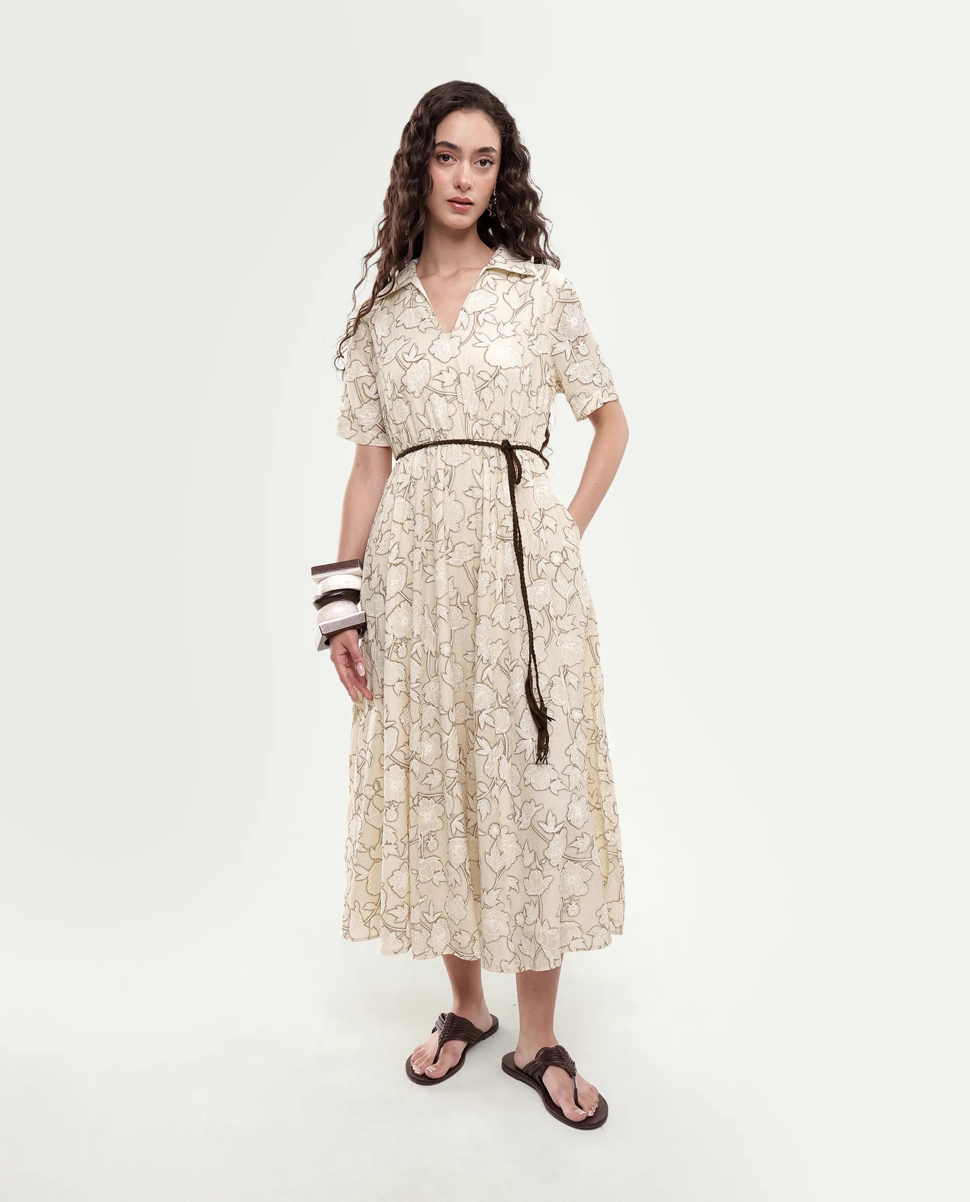 Rareism Women's Yetto Off White Viscose Blend Elastic Fit And Flare Puff Print Dress