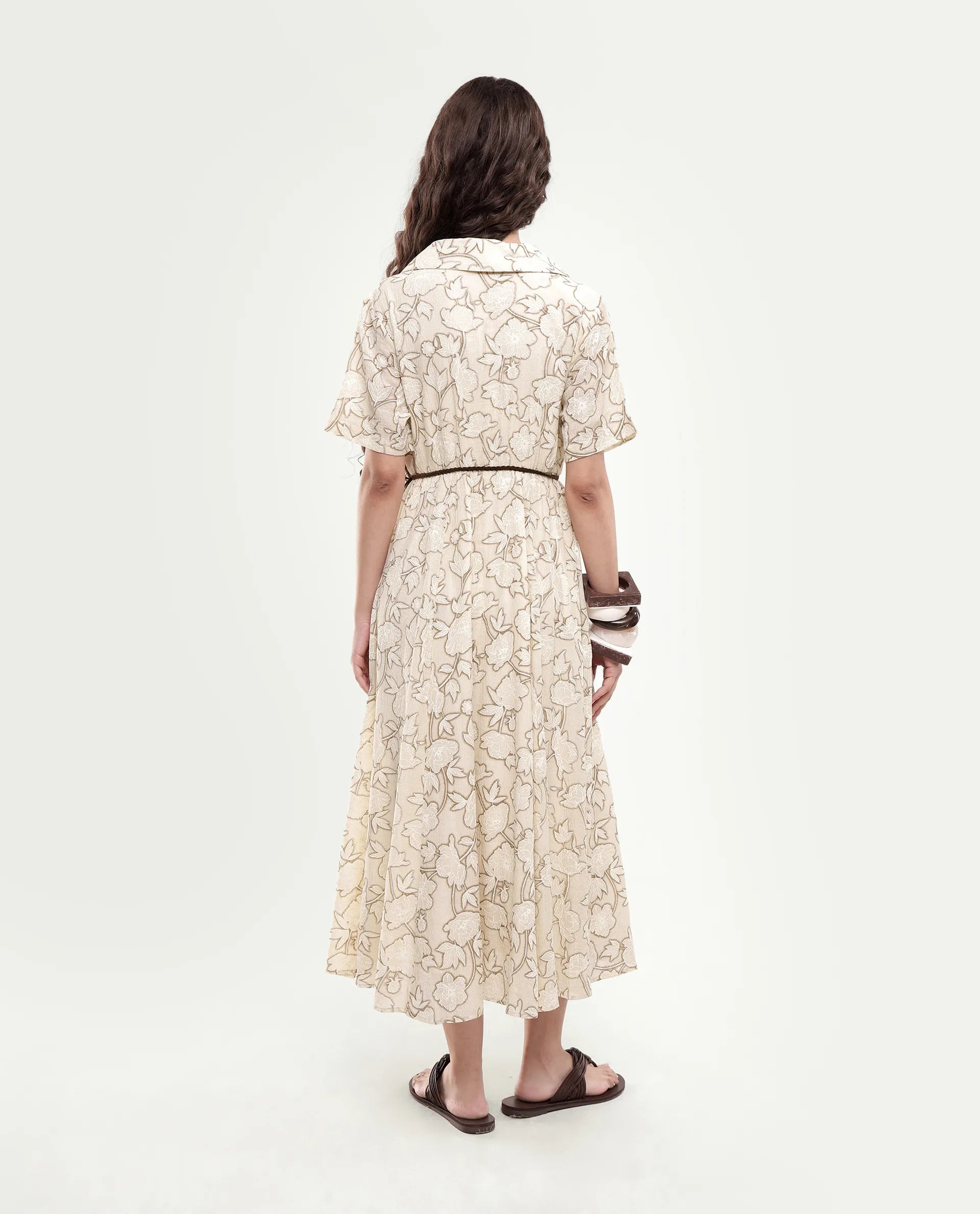 Rareism Women's Yetto Off White Viscose Blend Elastic Fit And Flare Puff Print Dress