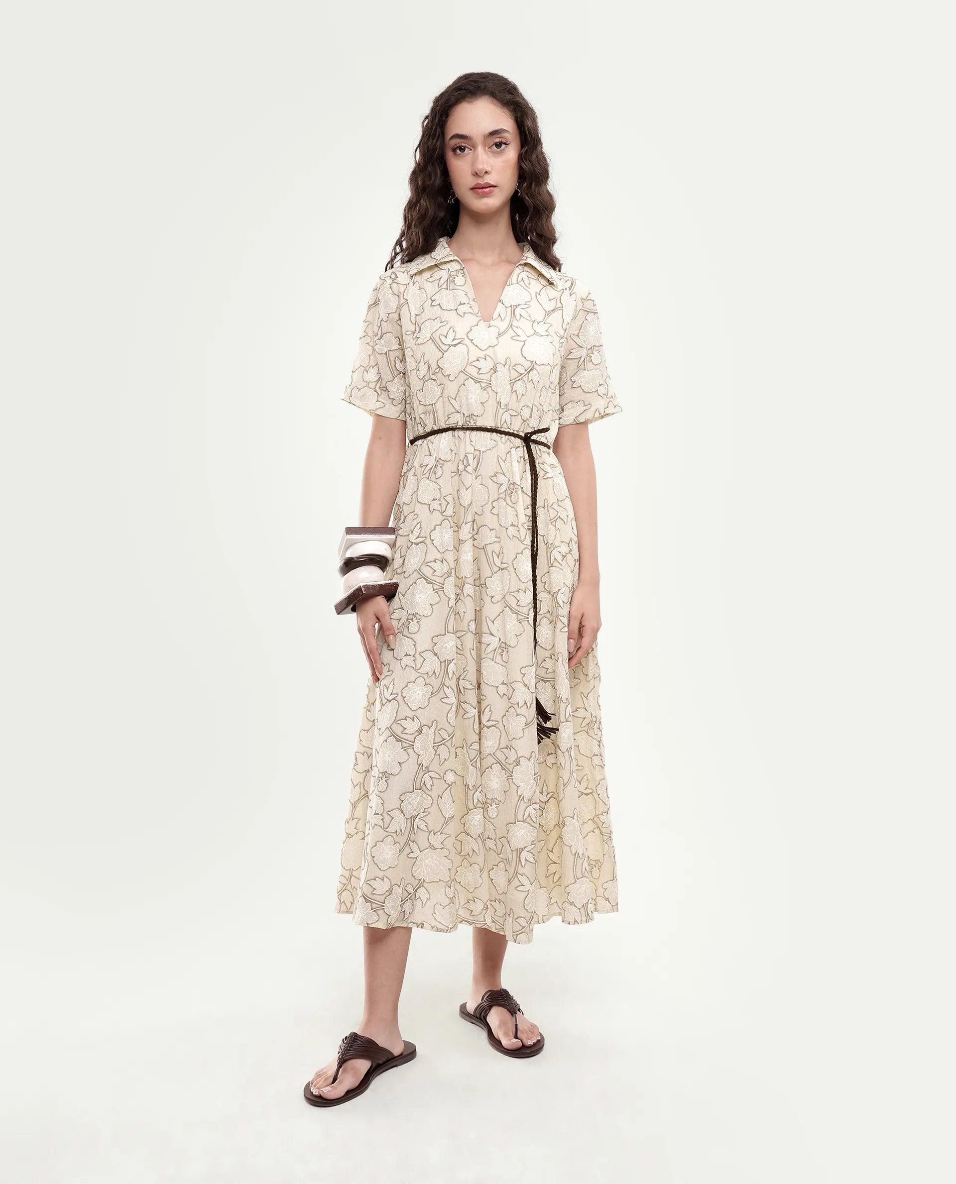 Rareism Women's Yetto Off White Viscose Blend Elastic Fit And Flare Puff Print Dress