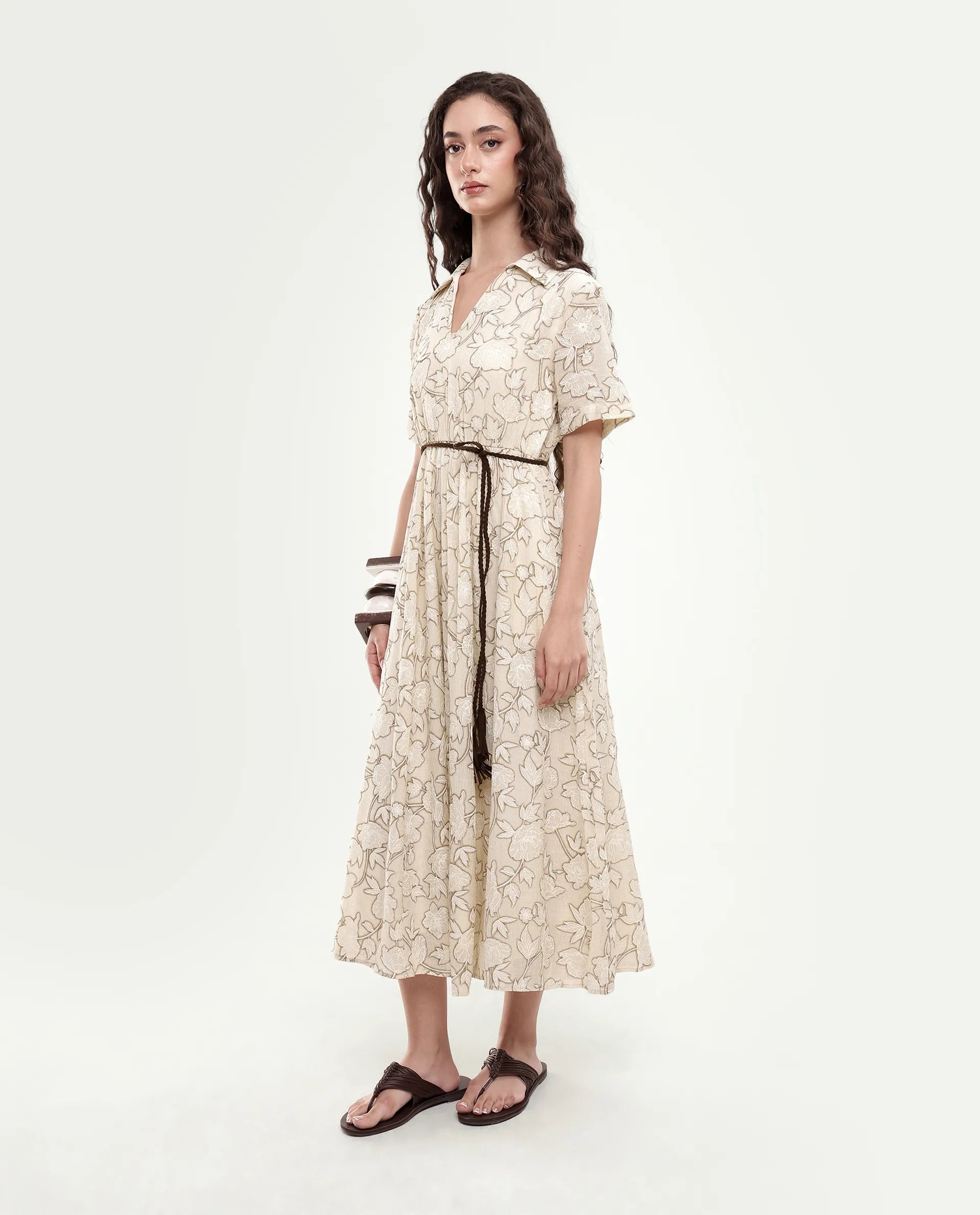 Rareism Women's Yetto Off White Viscose Blend Elastic Fit And Flare Puff Print Dress