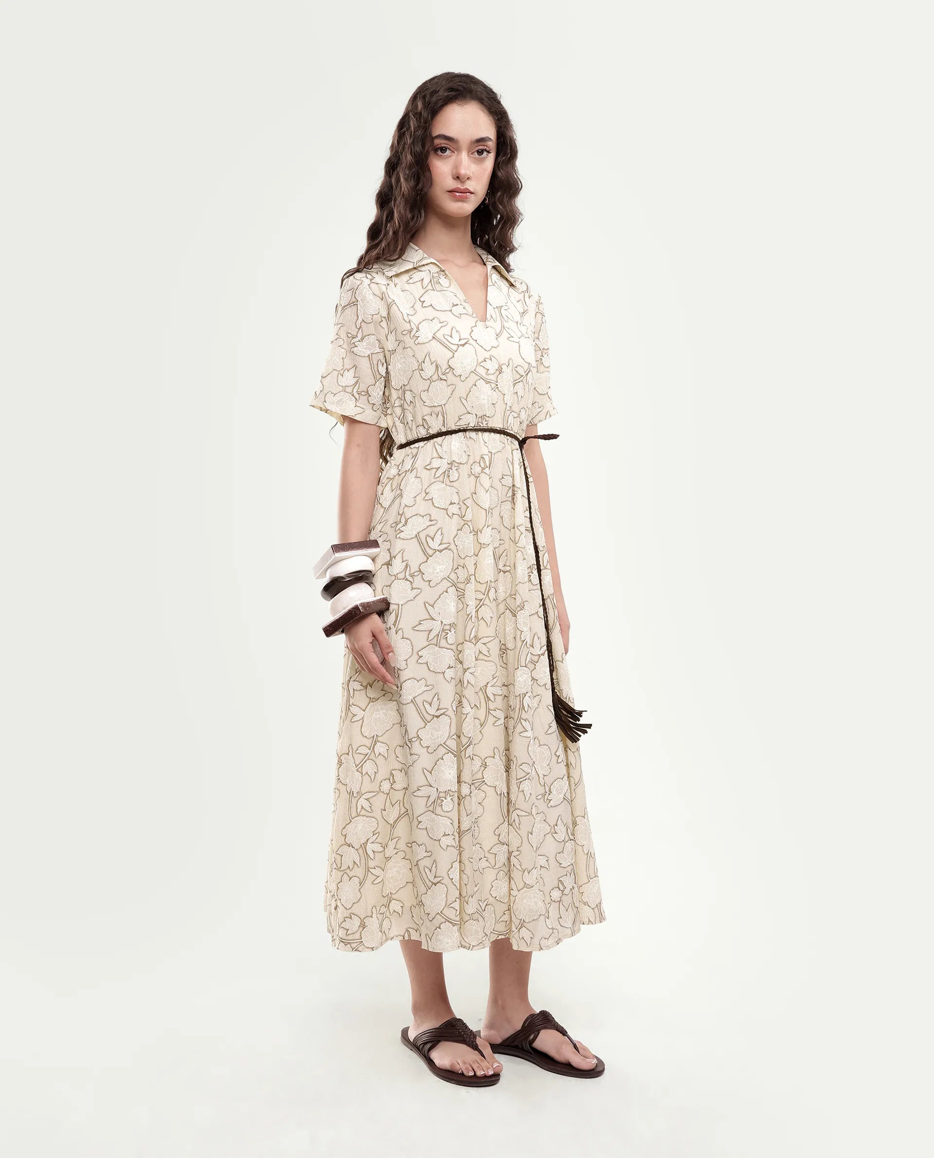 Rareism Women's Yetto Off White Viscose Blend Elastic Fit And Flare Puff Print Dress