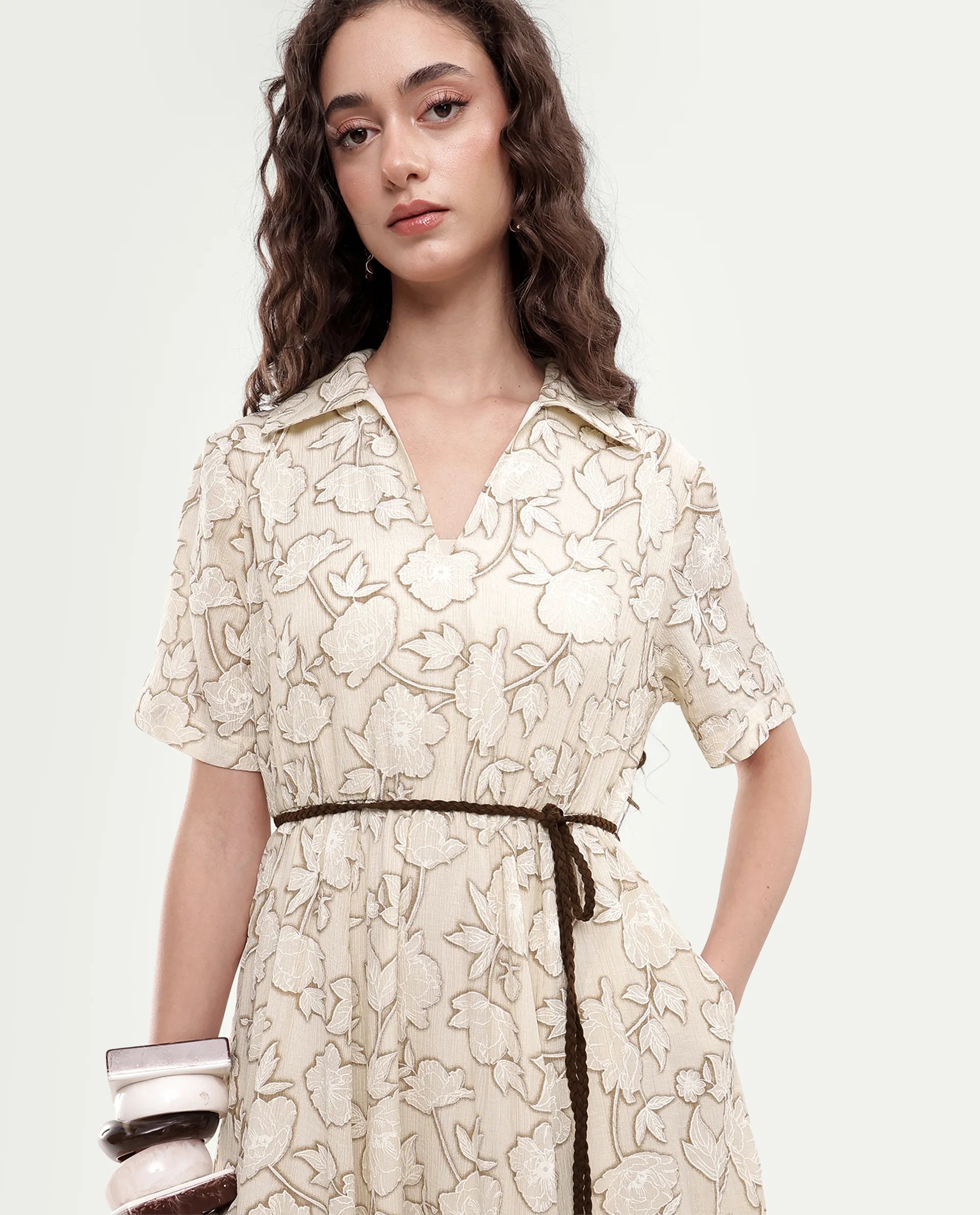 Rareism Women's Yetto Off White Viscose Blend Elastic Fit And Flare Puff Print Dress
