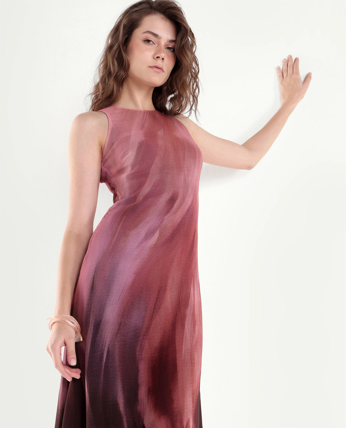 Rareism Women's Yupin Pink Viscose Button And Zip A-Line Abstract Print Dress