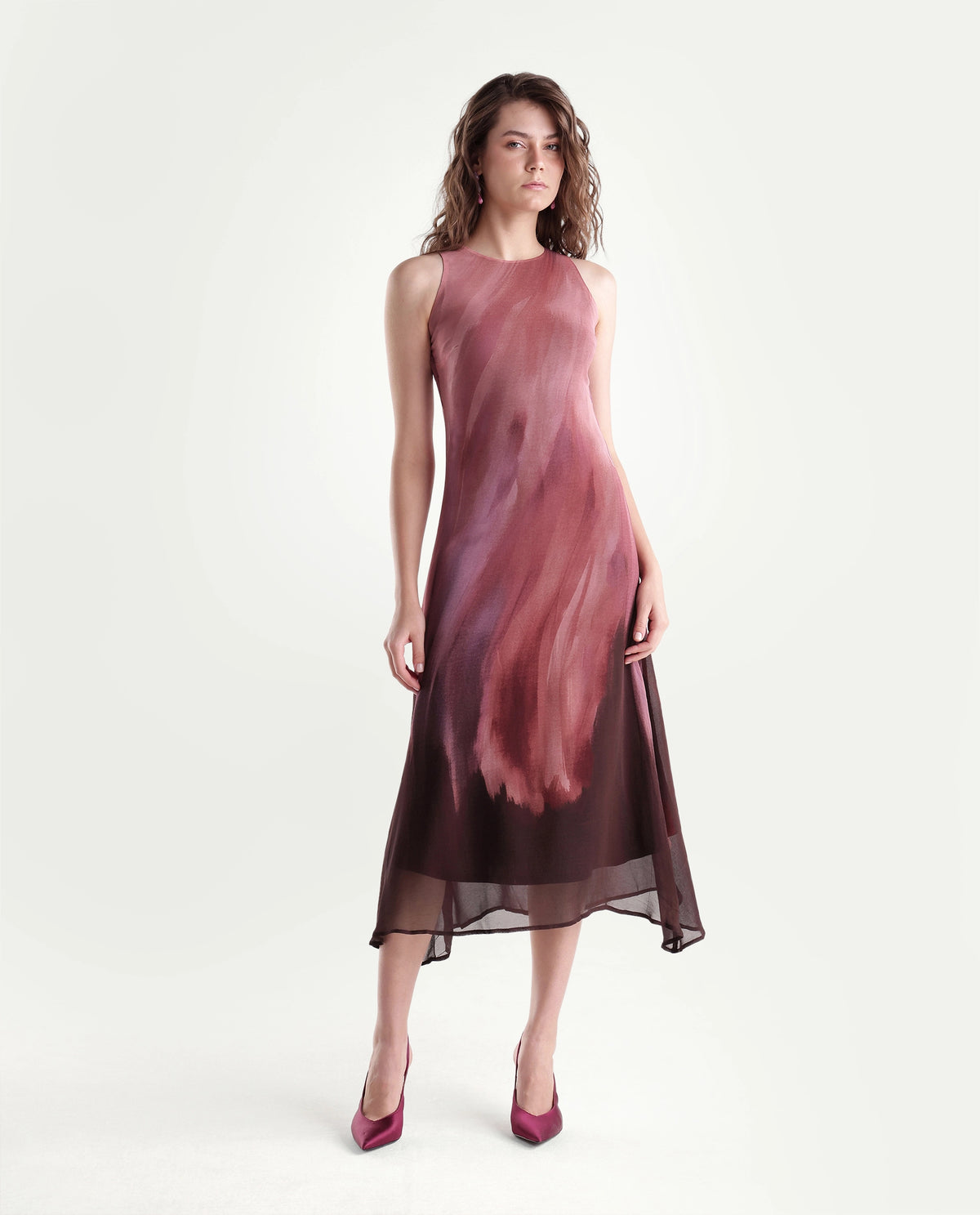 Rareism Women's Yupin Pink Viscose Button And Zip A-Line Abstract Print Dress