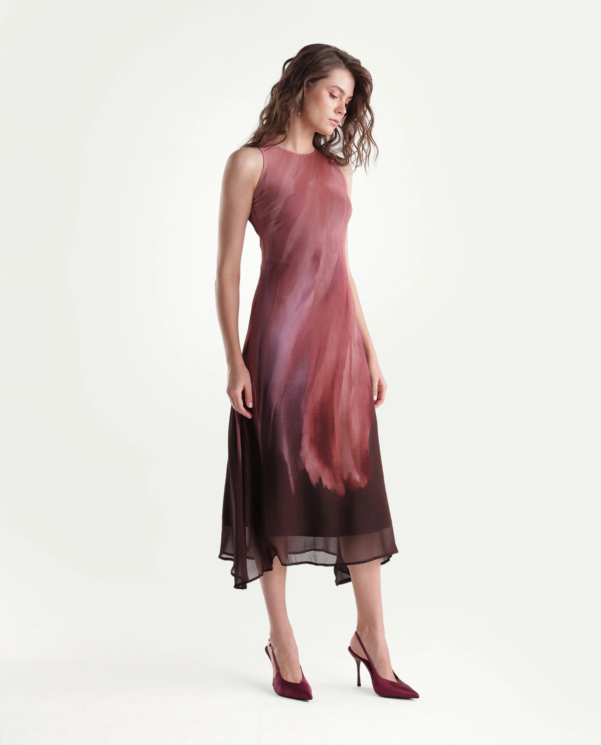 Rareism Women's Yupin Pink Viscose Button And Zip A-Line Abstract Print Dress