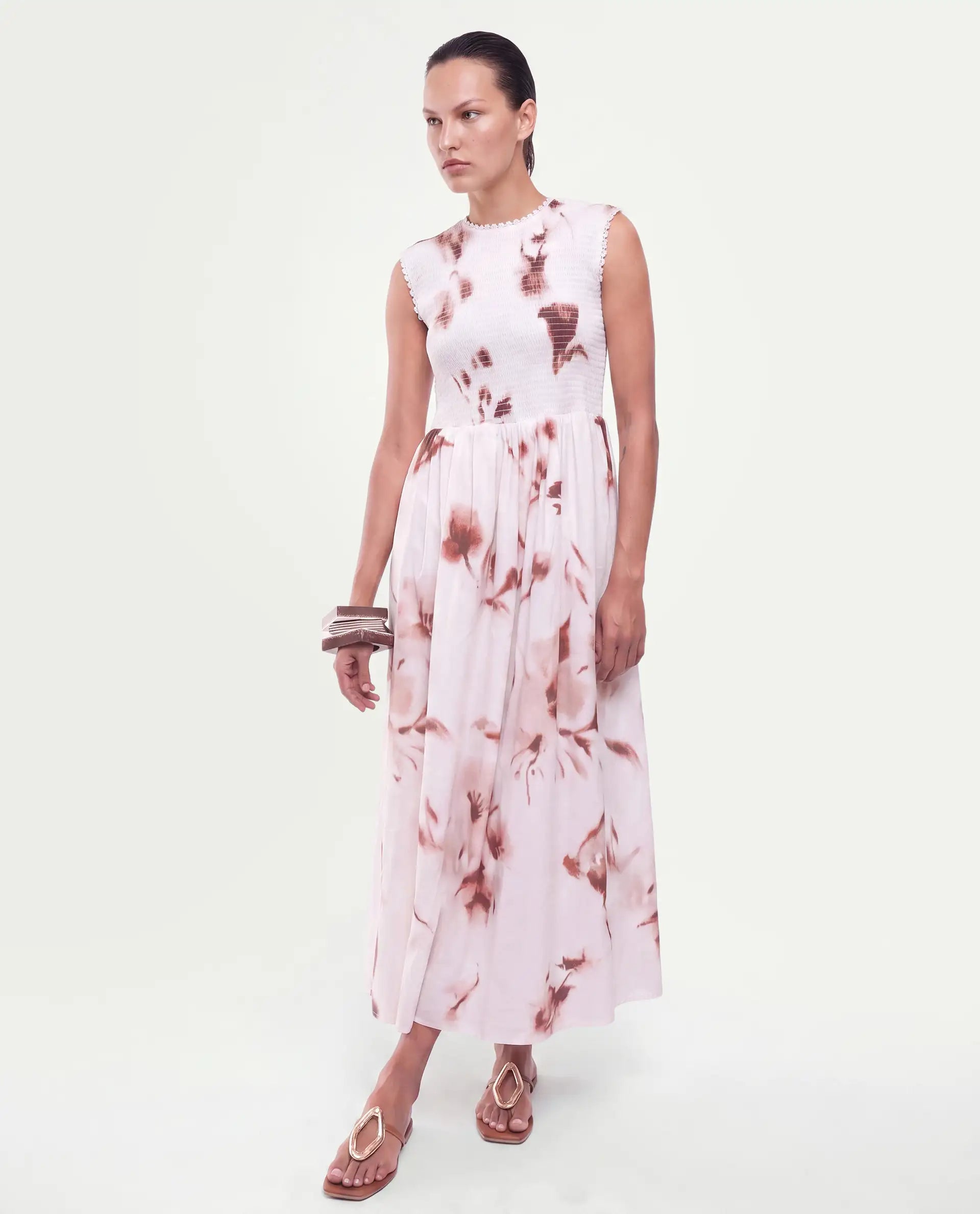 Rareism Women's Yorga Off White Cotton Button Fit And Flare Abstract Print Dress