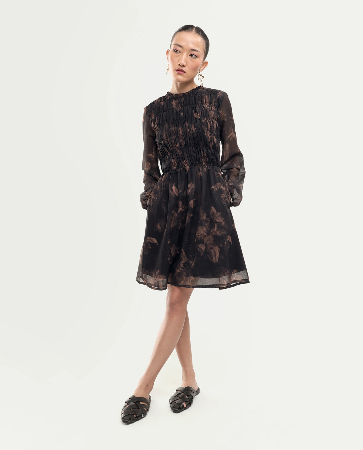 Rareism Women's Yana Brown Polyester Button Fit And Flare Floral Print Dress