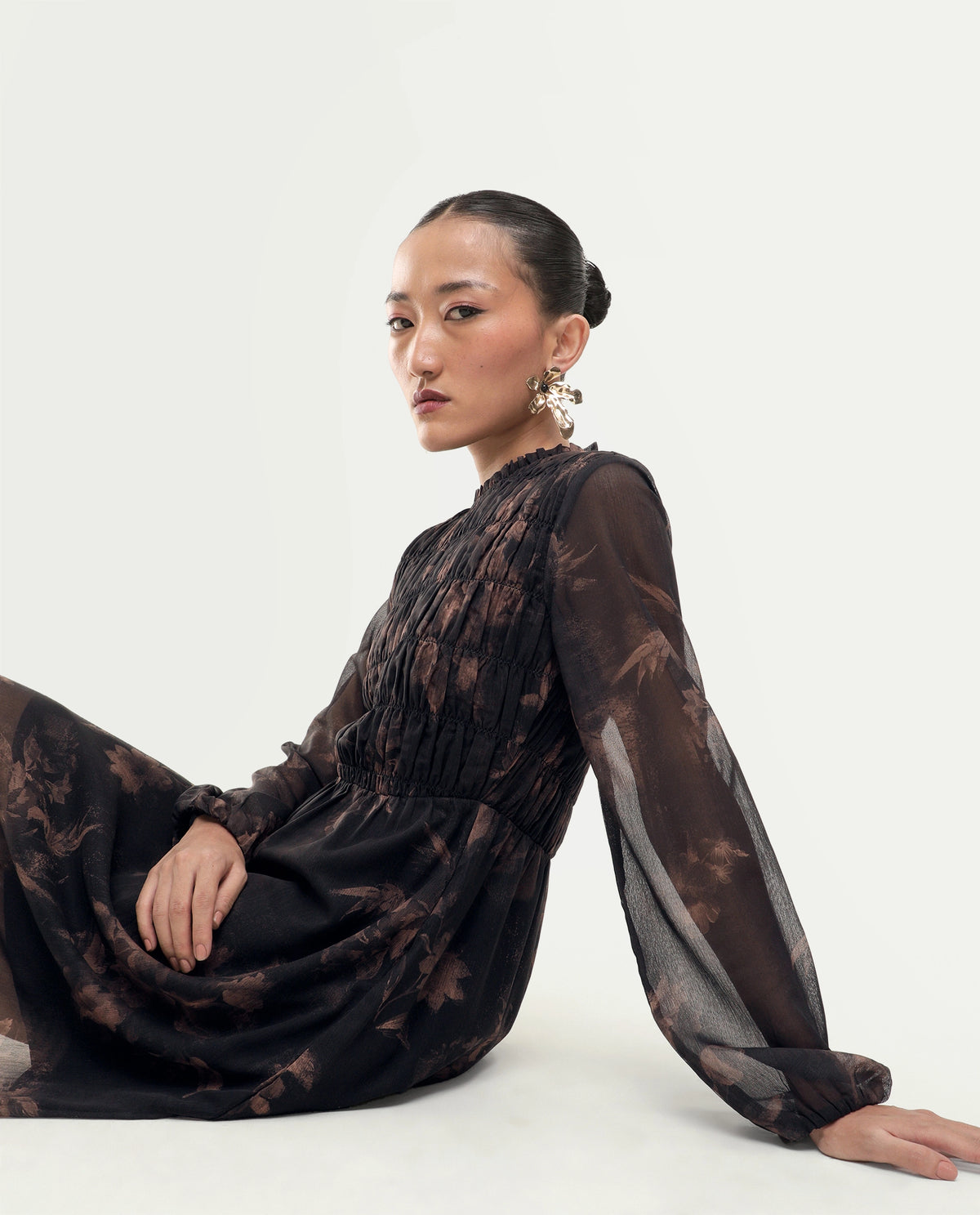 Rareism Women's Yana Brown Polyester Button Fit And Flare Floral Print Dress