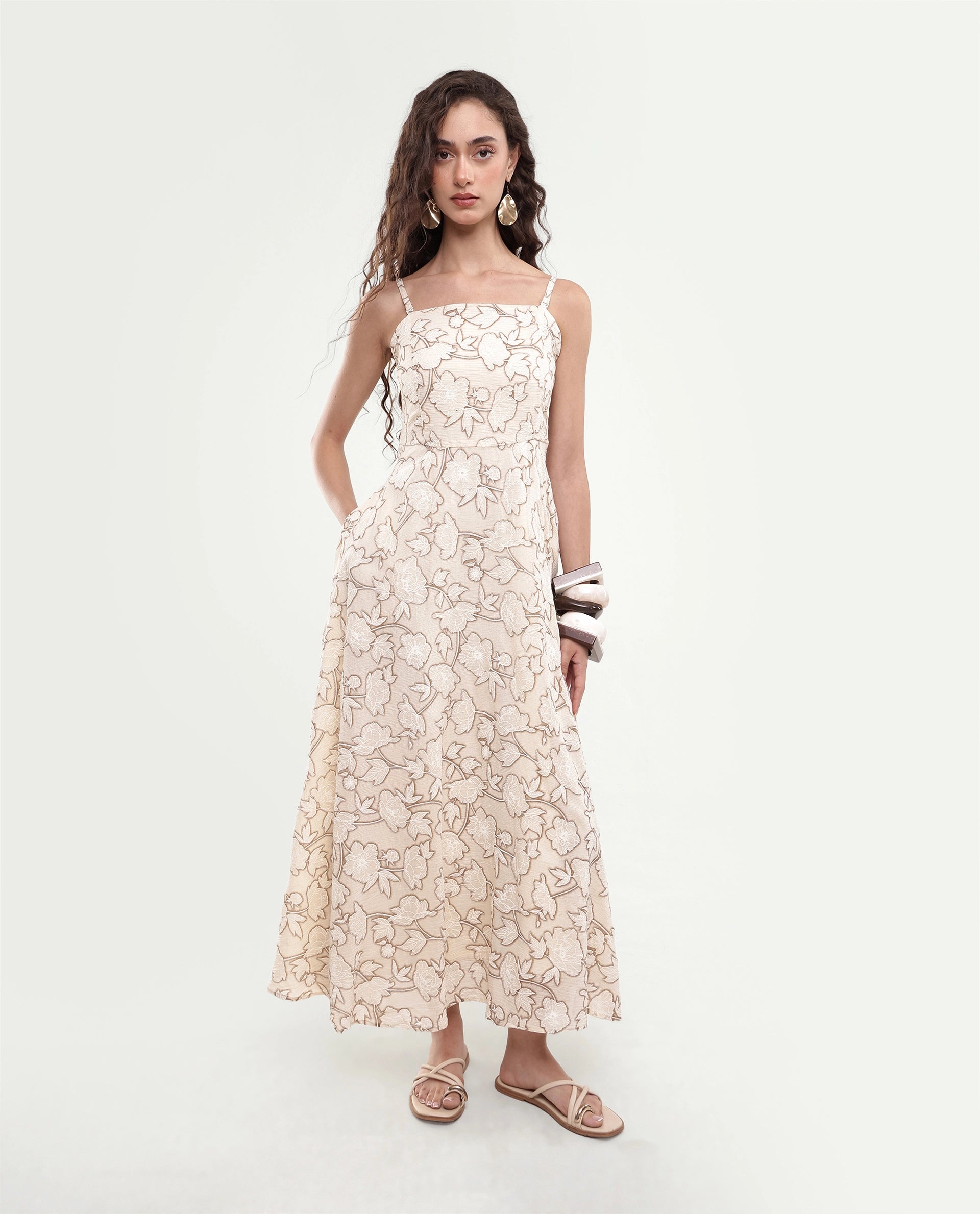 Rareism Women's Yadi Off White Floral Viscose Blend Fit And Flare Sleeveless Maxi Dress