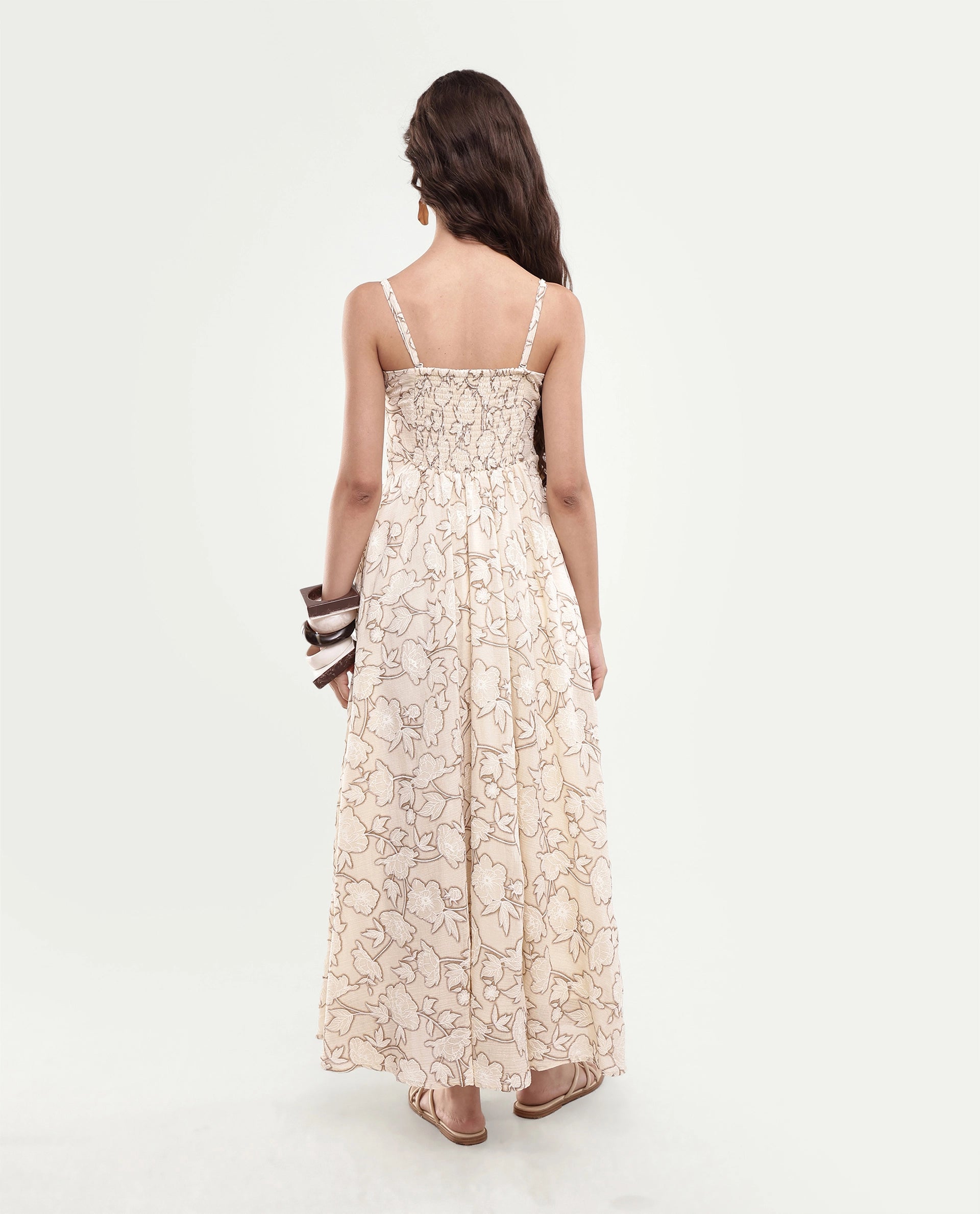 Rareism Women's Yadi Off White Floral Viscose Blend Fit And Flare Sleeveless Maxi Dress