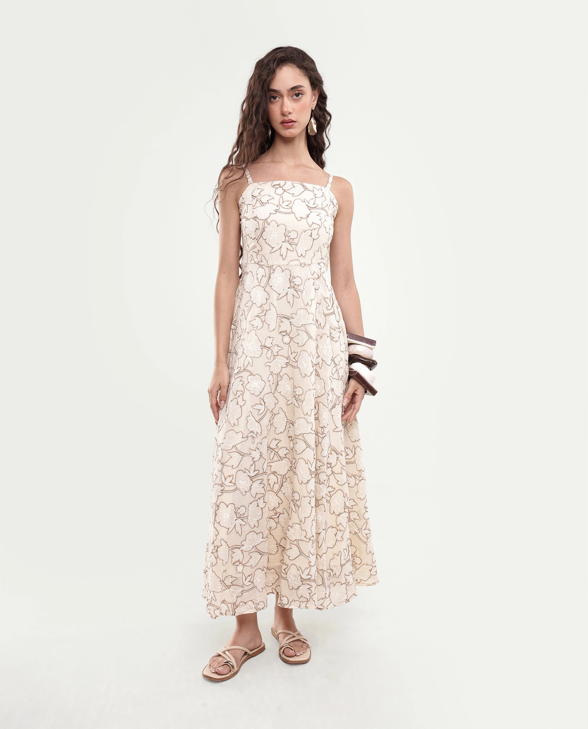 Rareism Women's Yadi Off White Floral Viscose Blend Fit And Flare Sleeveless Maxi Dress