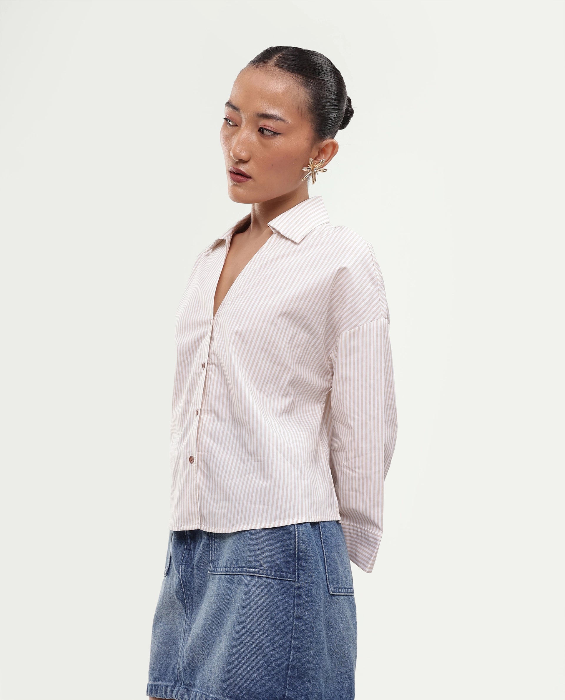Rareism Women's Yusi Beige Cotton Button Relaxed Fit Striped Shirt