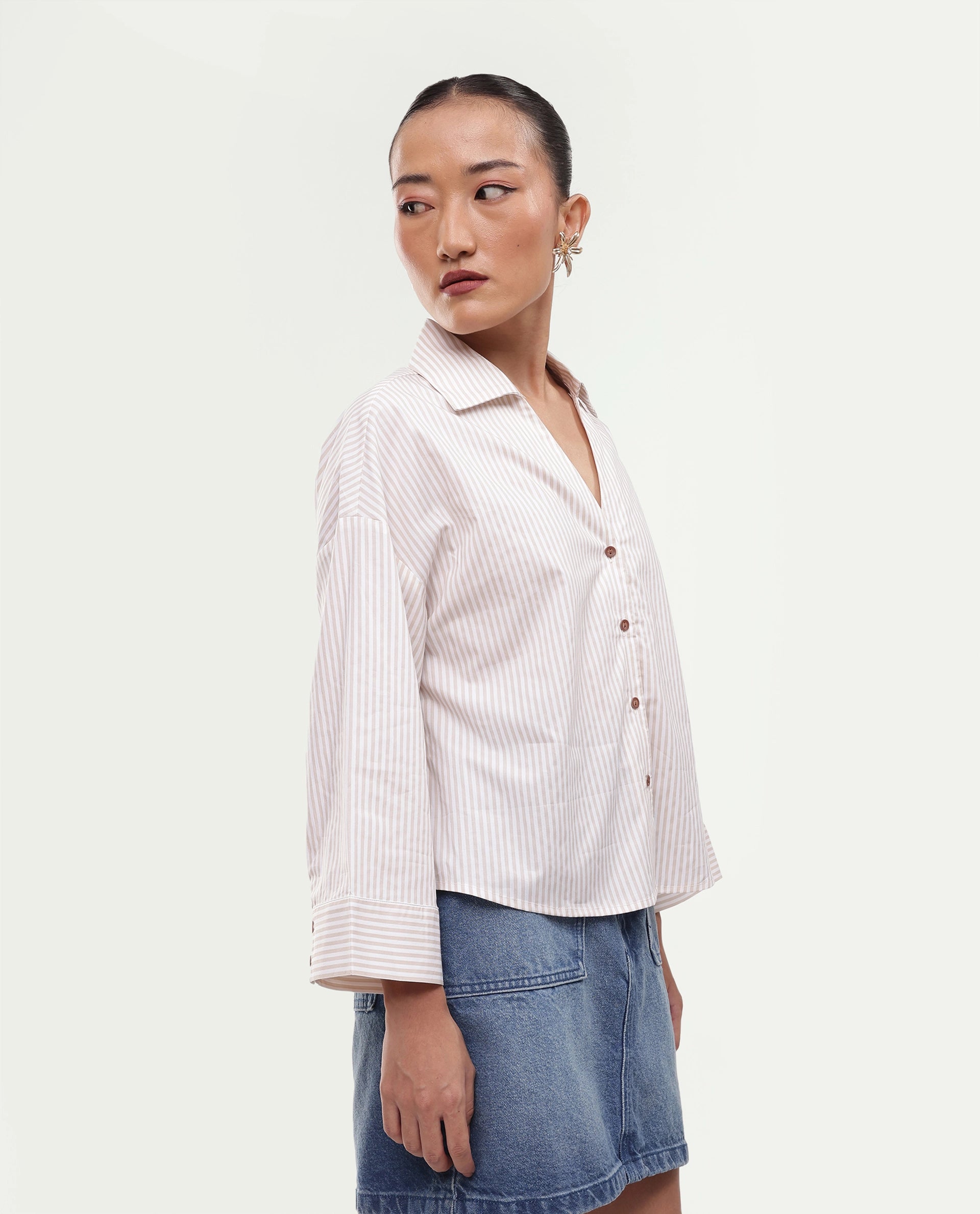 Rareism Women's Yusi Beige Cotton Button Relaxed Fit Striped Shirt