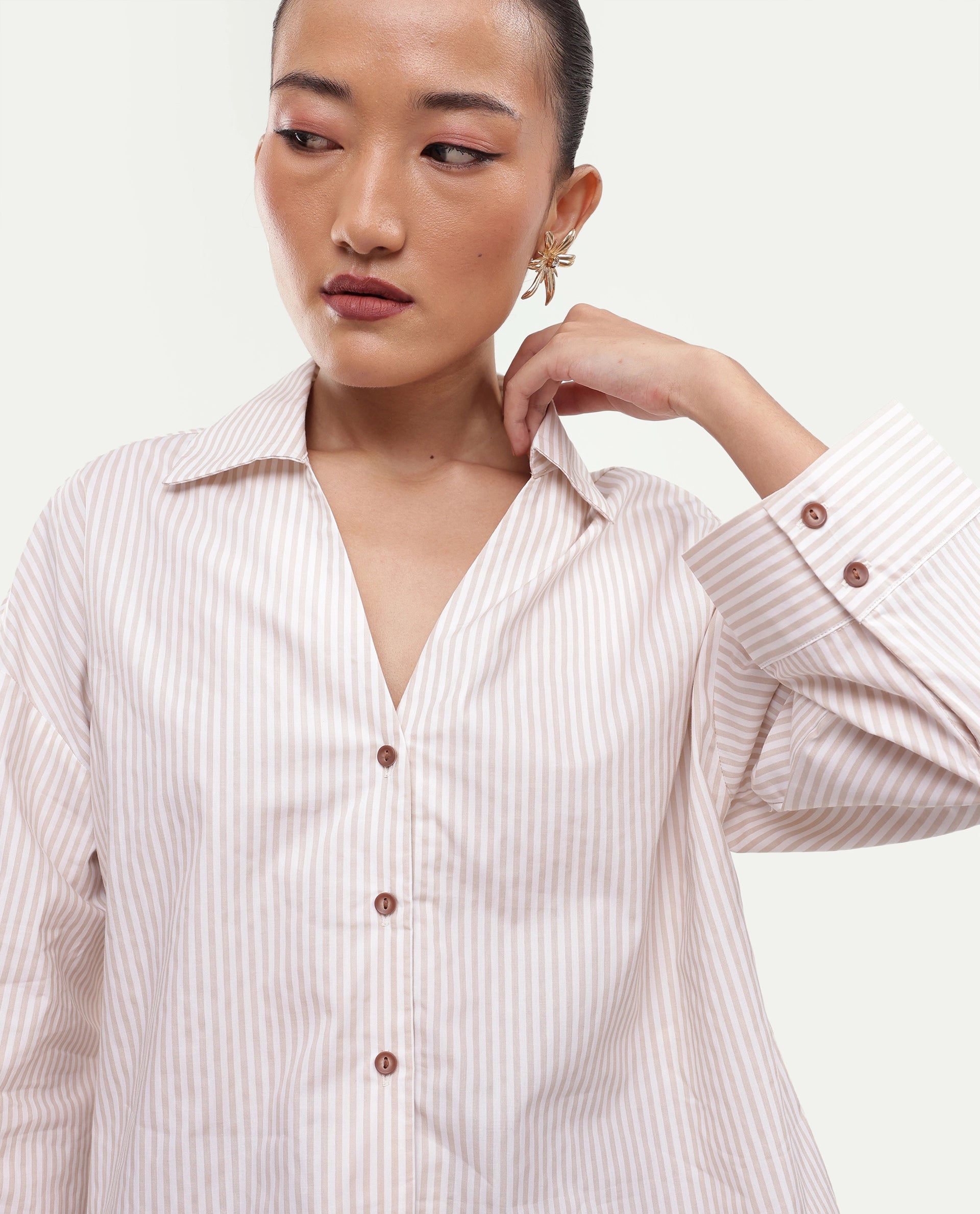 Rareism Women's Yusi Beige Cotton Button Relaxed Fit Striped Shirt
