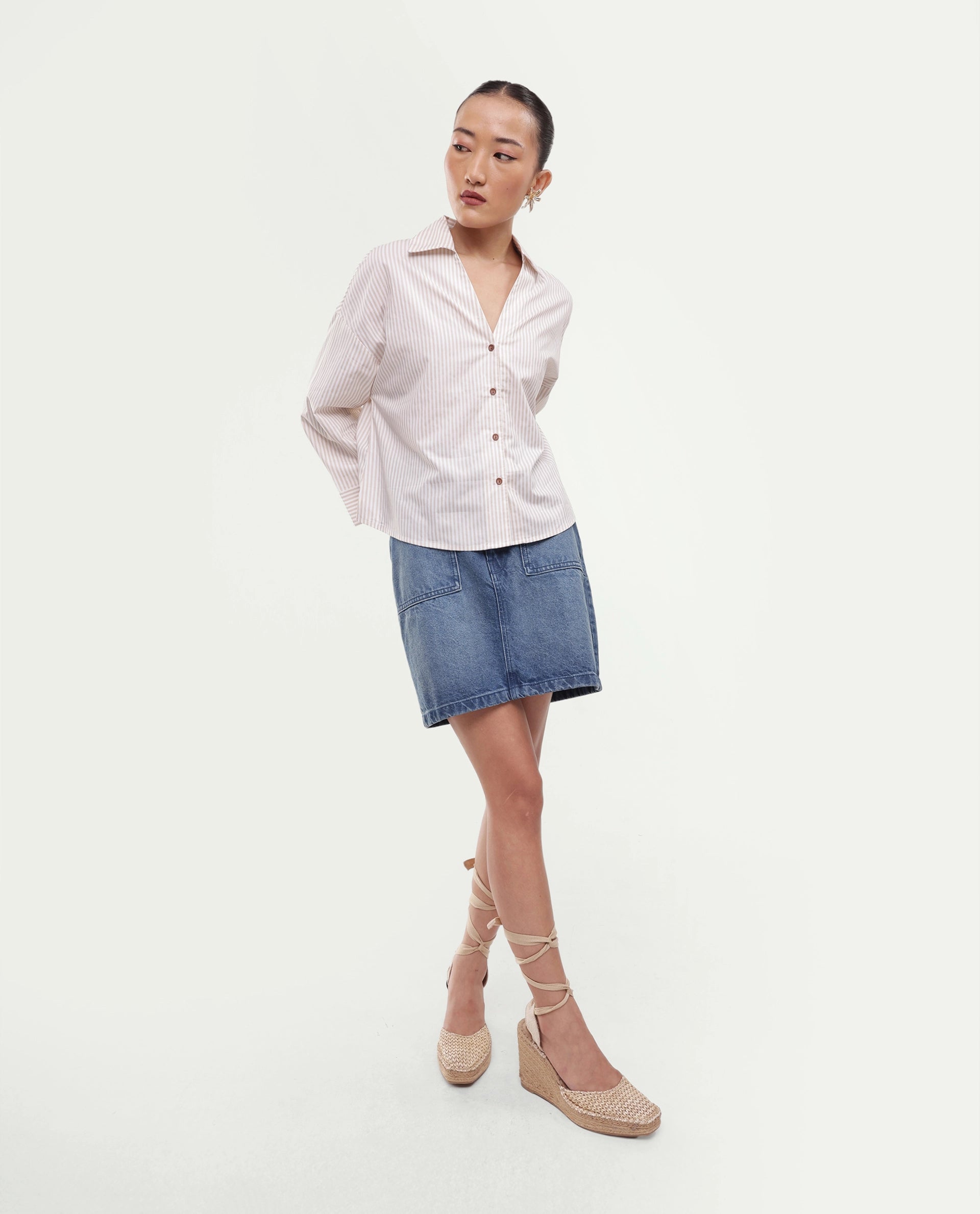Rareism Women's Yusi Beige Cotton Button Relaxed Fit Striped Shirt