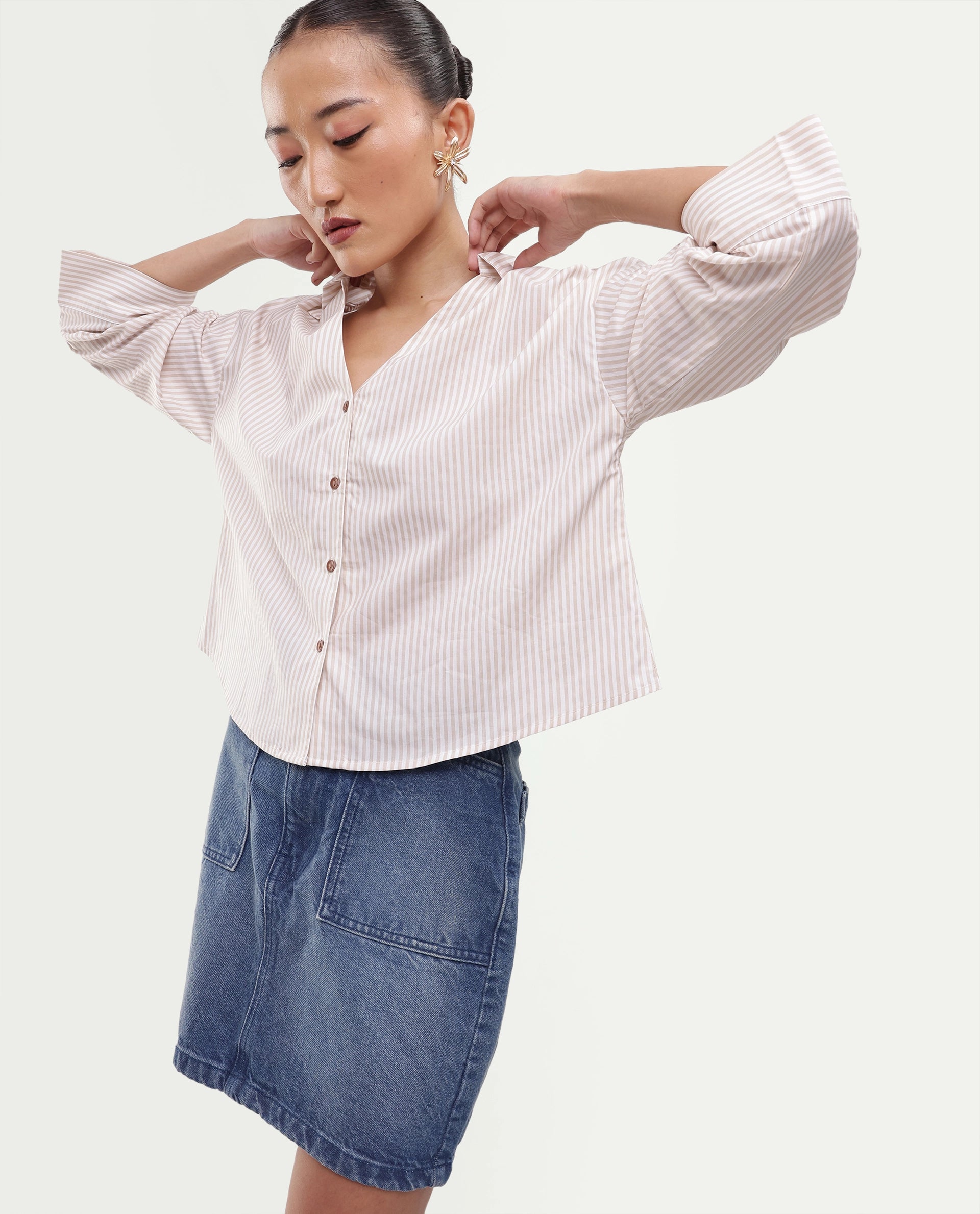 Rareism Women's Yusi Beige Cotton Button Relaxed Fit Striped Shirt
