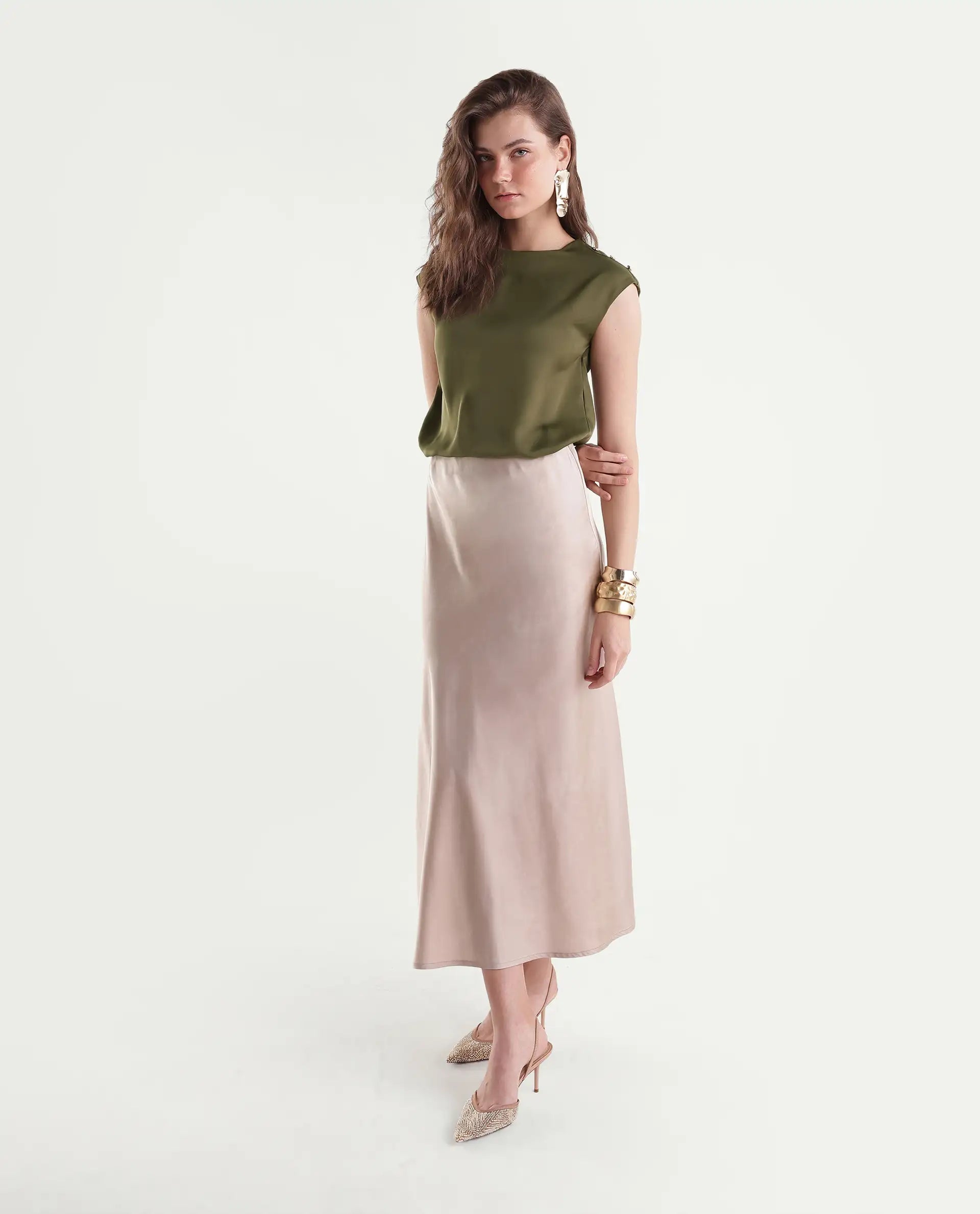 Rareism Women's Odil Olive Polyester Button Regular Fit Plain Top