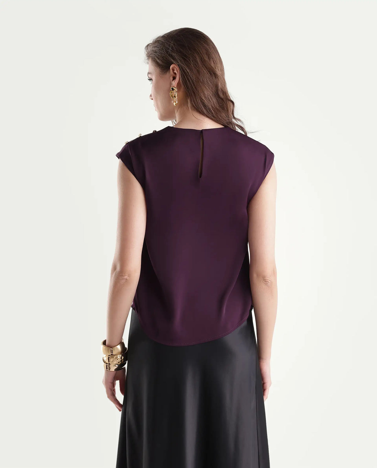 Rareism Women's Odil Dark Purple Polyester Button Regular Fit Plain Top