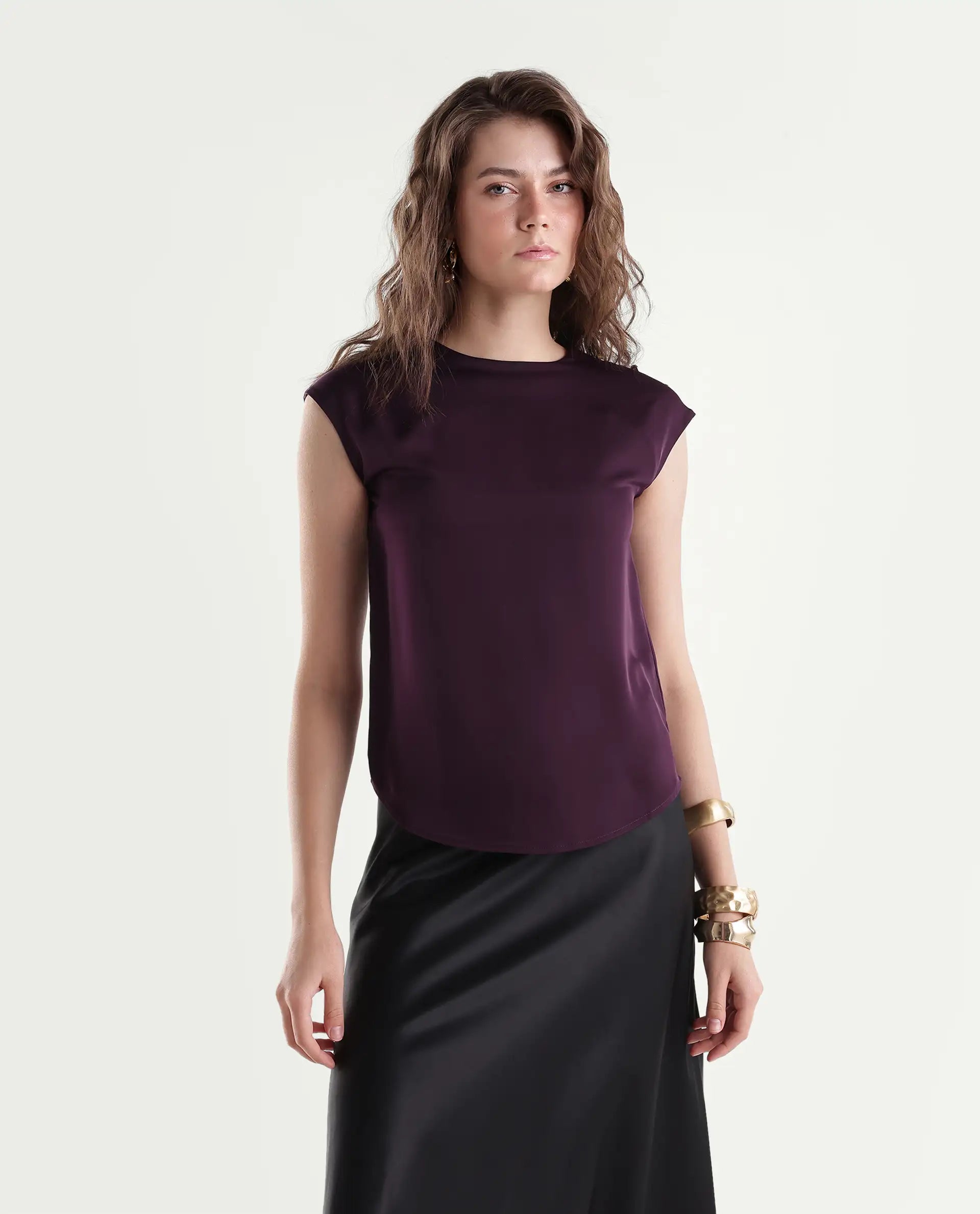 Rareism Women's Odil Dark Purple Polyester Button Regular Fit Plain Top