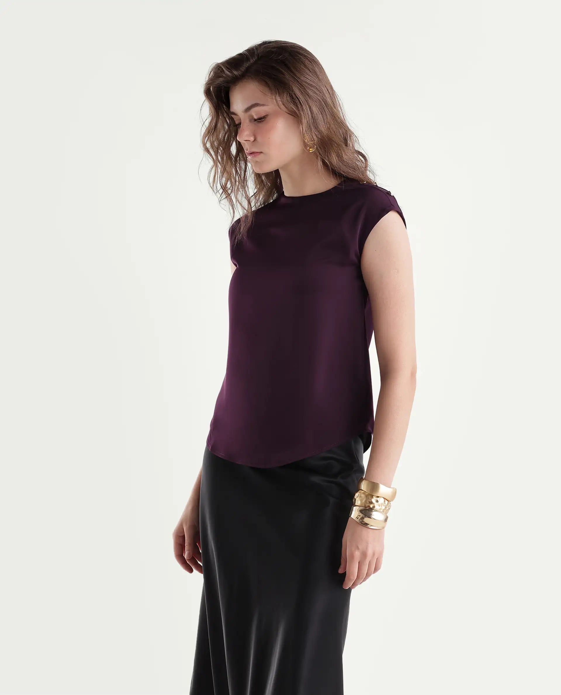 Rareism Women's Odil Dark Purple Polyester Button Regular Fit Plain Top