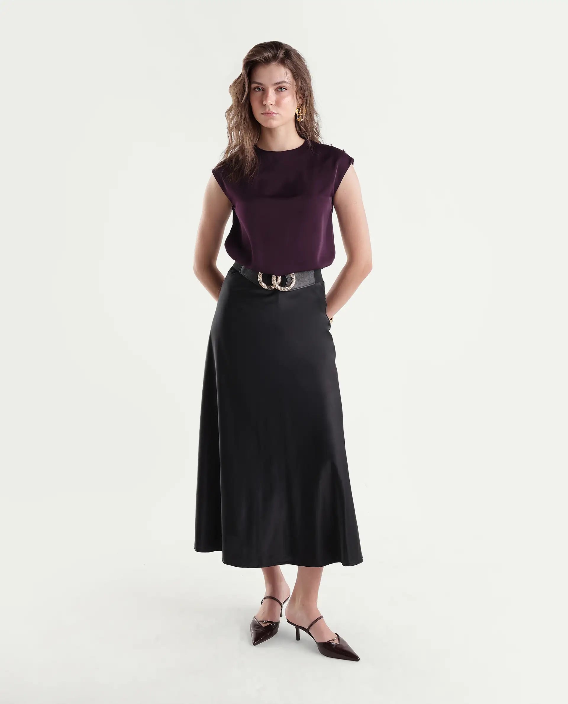 Rareism Women's Odil Dark Purple Polyester Button Regular Fit Plain Top