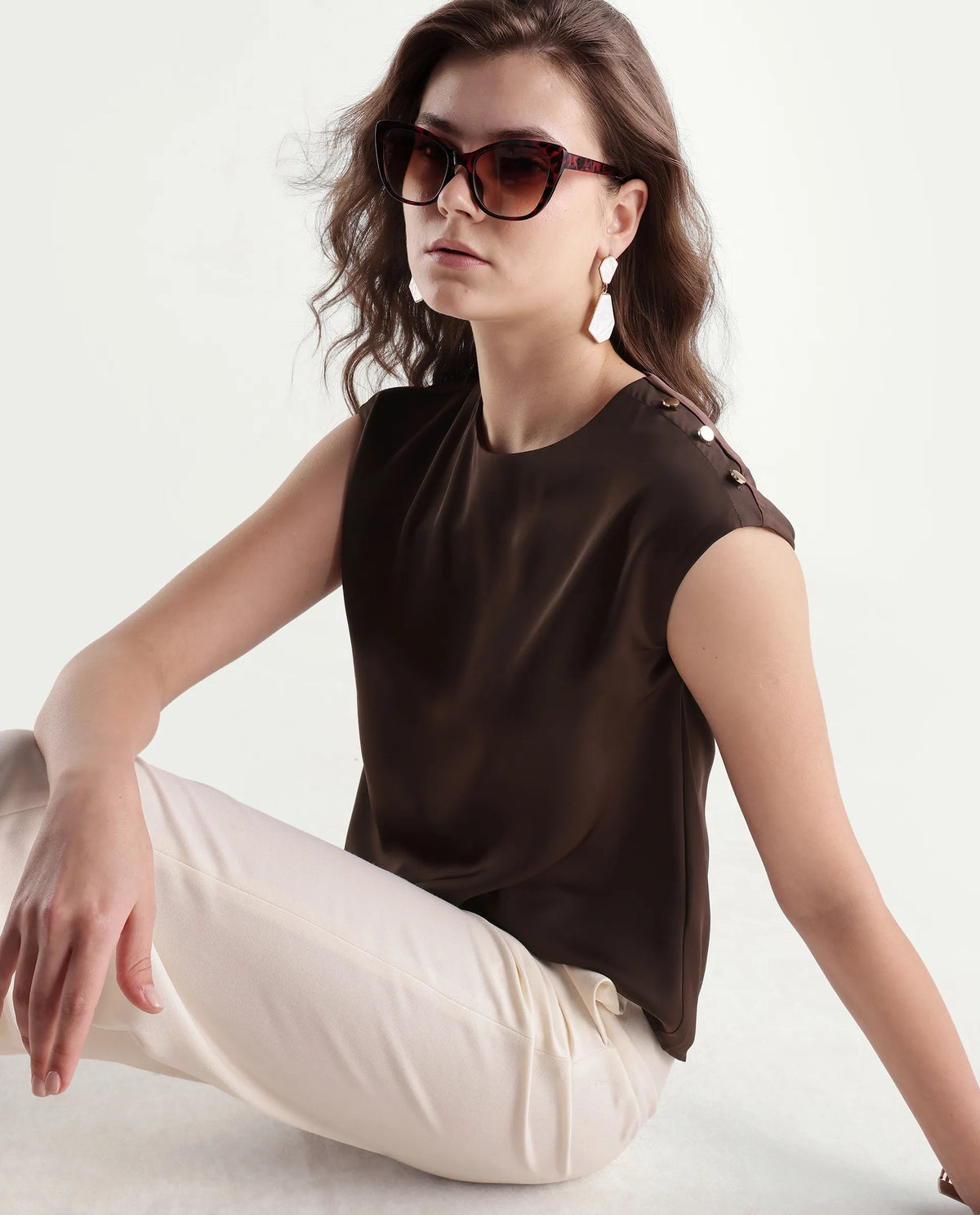 Rareism Women's Odil Brown Polyester Button Regular Fit Plain Top