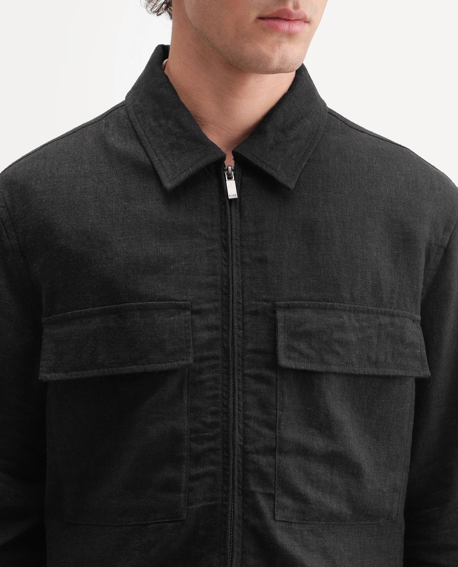 Rare Rabbit Men's Jomo-T-Aw26 Black Linen Blend Spread Collar Zipper Regular Plain Shacket