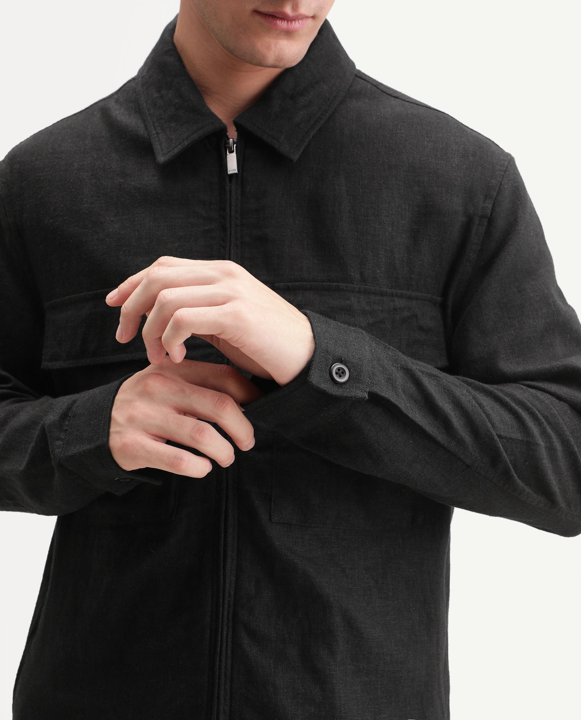 Rare Rabbit Men's Jomo-T-Aw26 Black Linen Blend Spread Collar Zipper Regular Plain Shacket