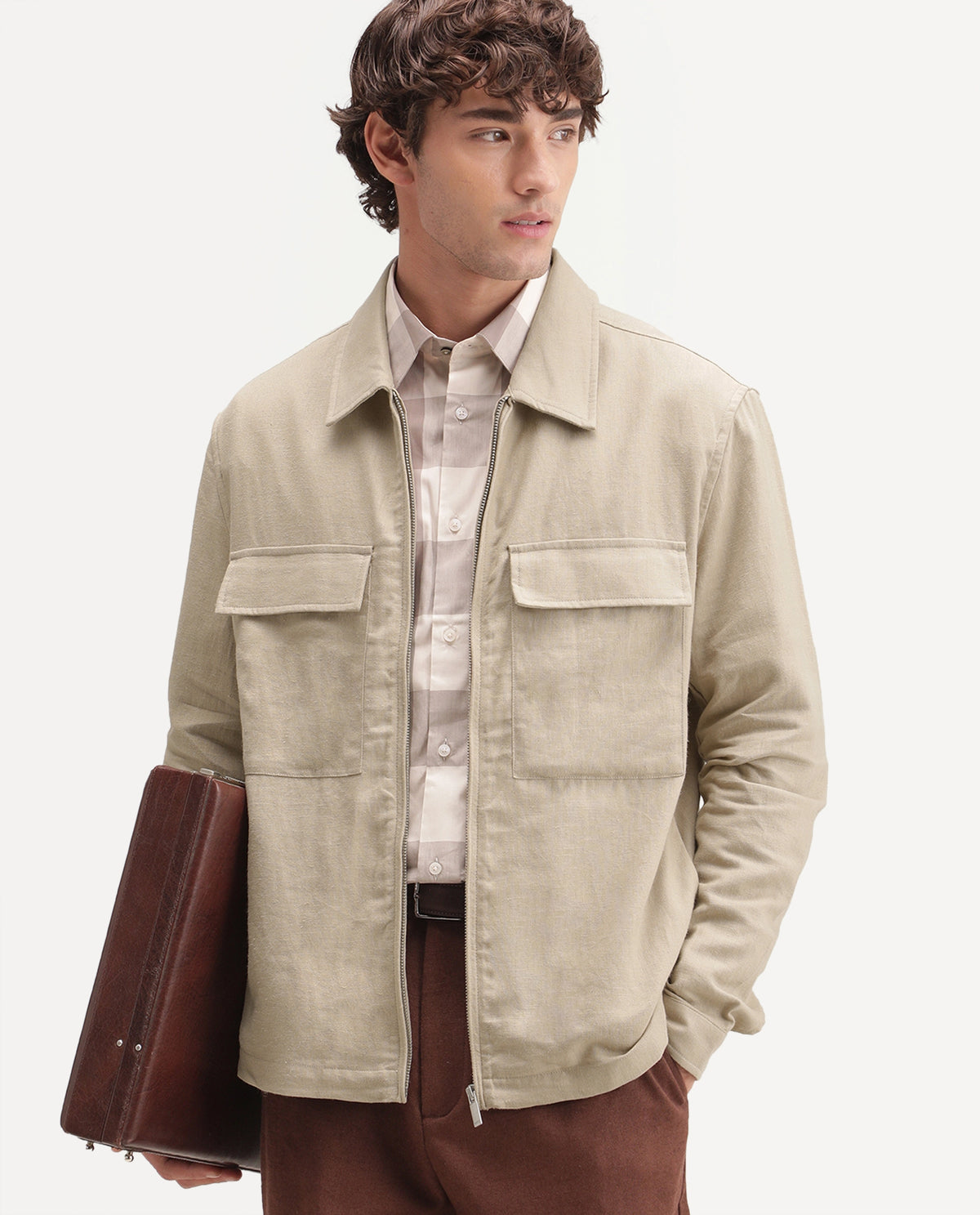 Rare Rabbit Men's Jomo-T-Aw26 Beige Linen Blend Spread Collar Relaxed Plain Shacket