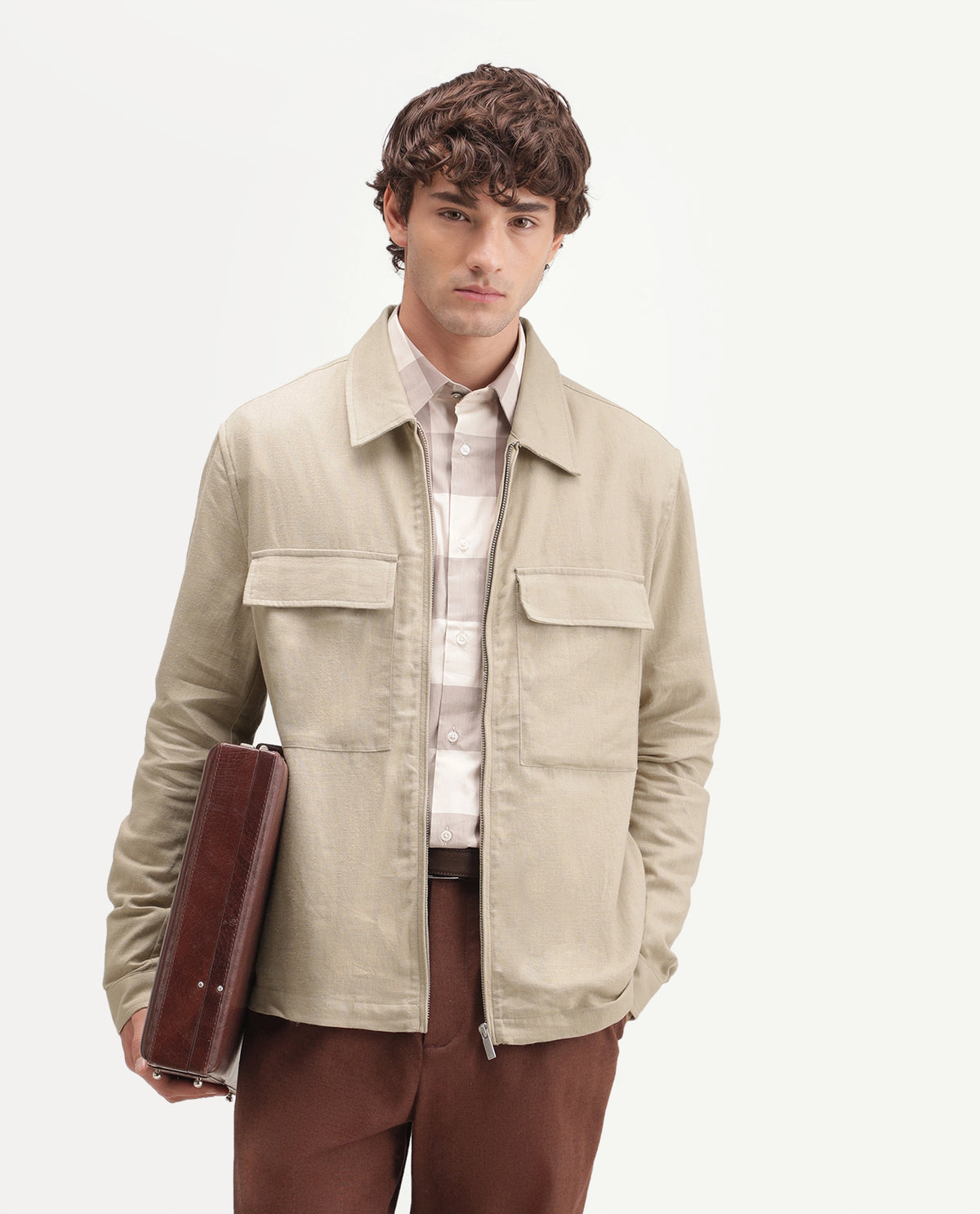 Rare Rabbit Men's Jomo-T-Aw26 Beige Linen Blend Spread Collar Relaxed Plain Shacket