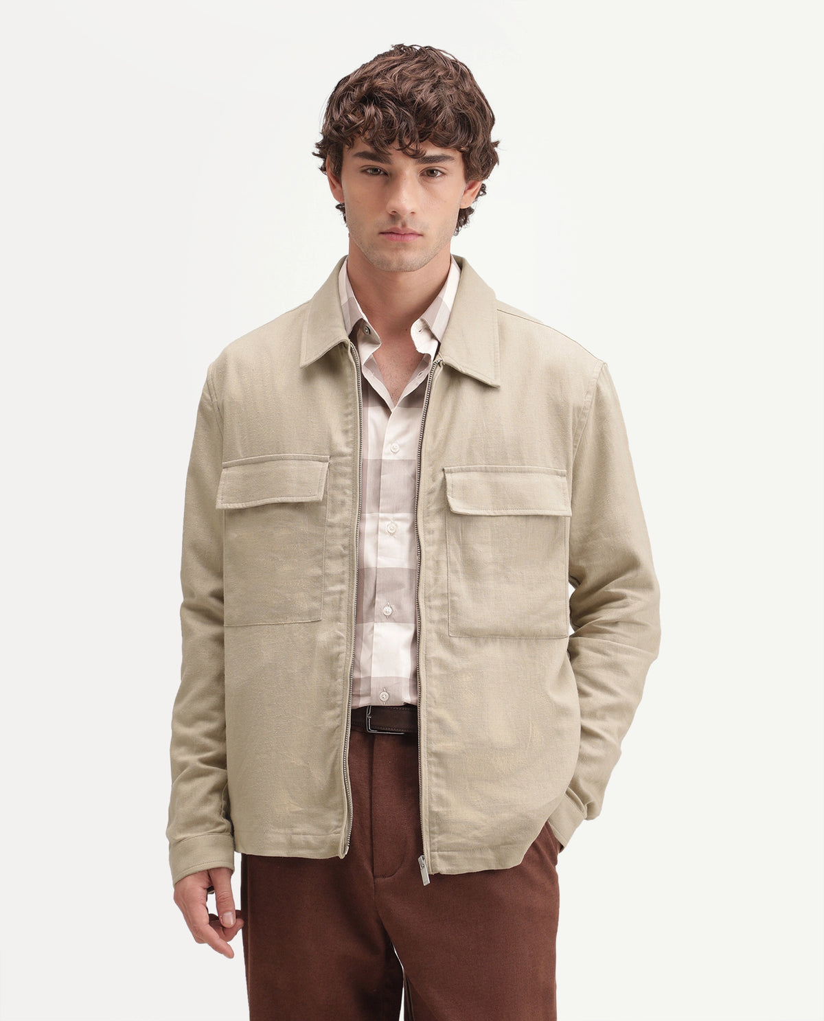 Rare Rabbit Men's Jomo-T-Aw26 Beige Linen Blend Spread Collar Relaxed Plain Shacket